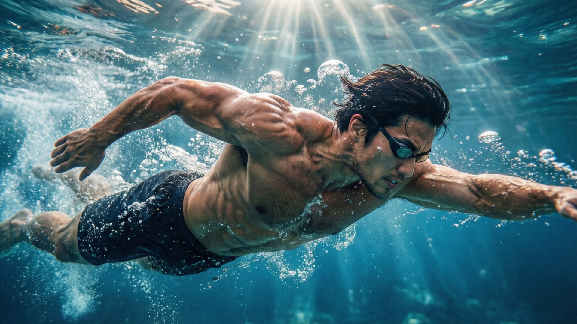 Shun Kazama, underwater, sunlight beams, Full HD Desktop Wallpaper