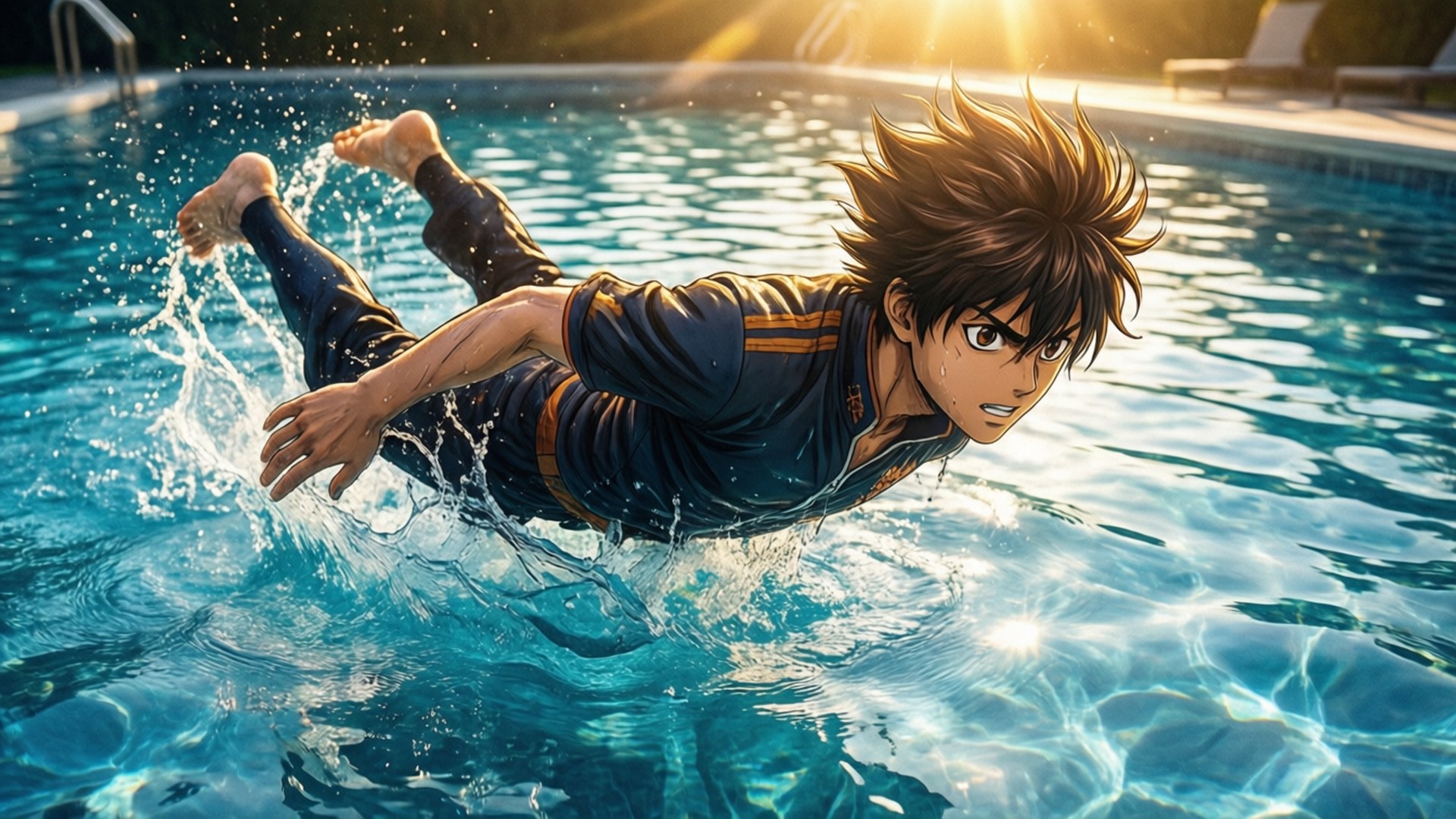 Shun Kazama, pool, sunlit, Full HD Desktop Wallpaper