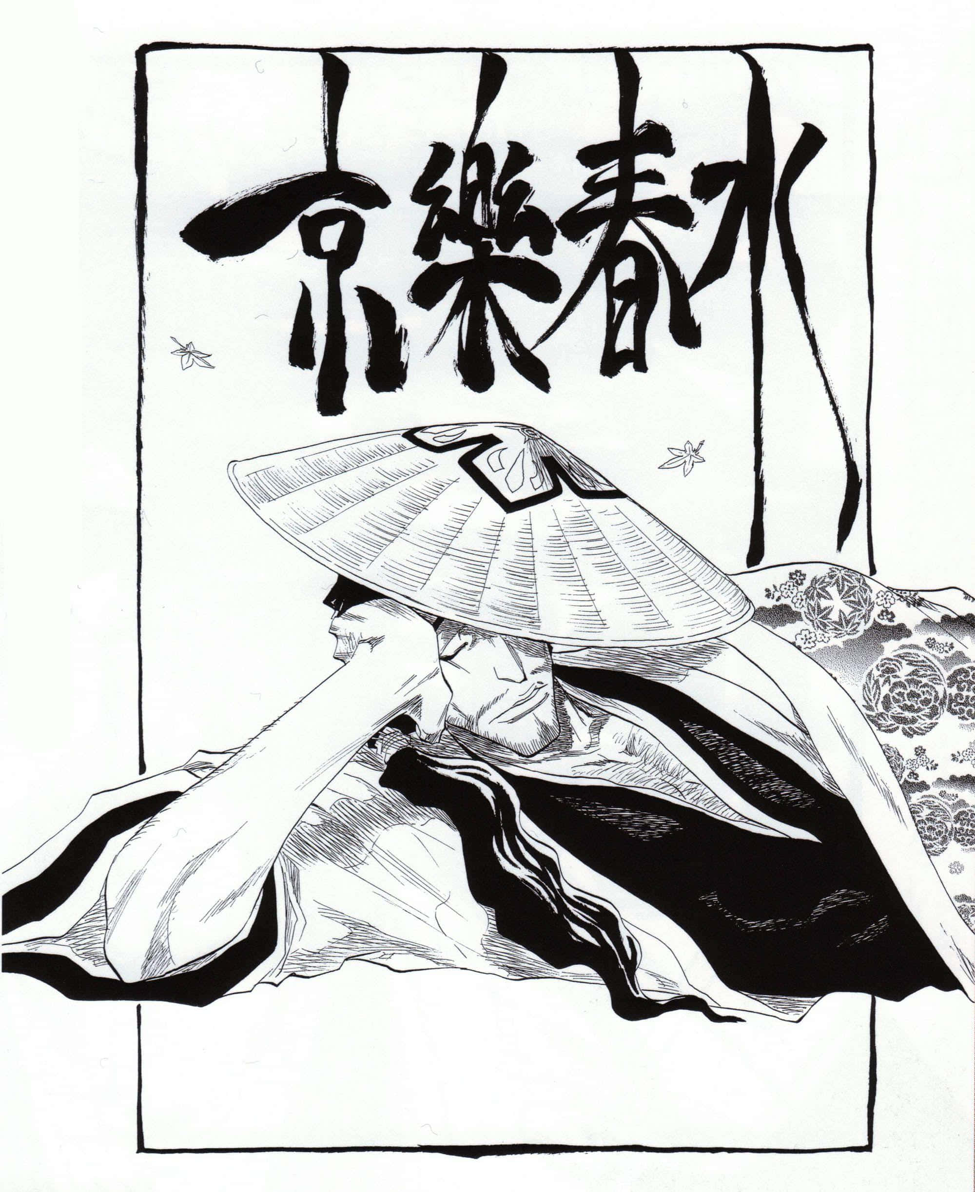 Shunsui Kyoraku, black and white anime illustration, wide-brimmed hat, Full HD Phone Wallpaper