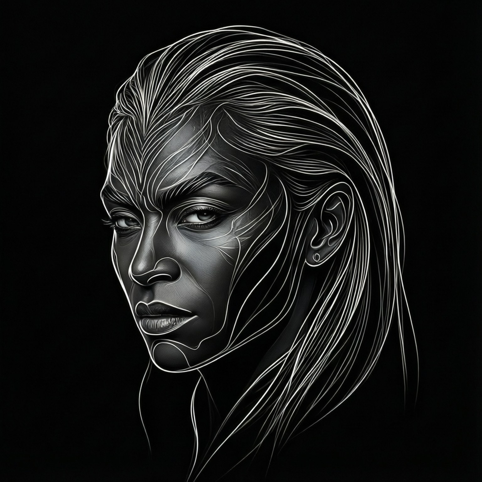 Shuri, black and white portrait, glowing white line art, HD Desktop Wallpaper