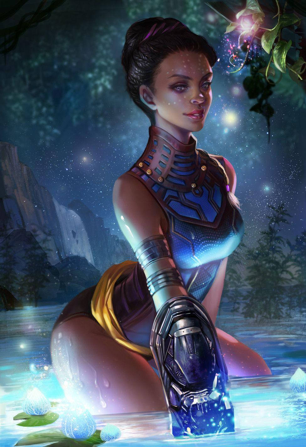 Shuri, glowing blue armor, mystical glowing pool, HD Phone Wallpaper