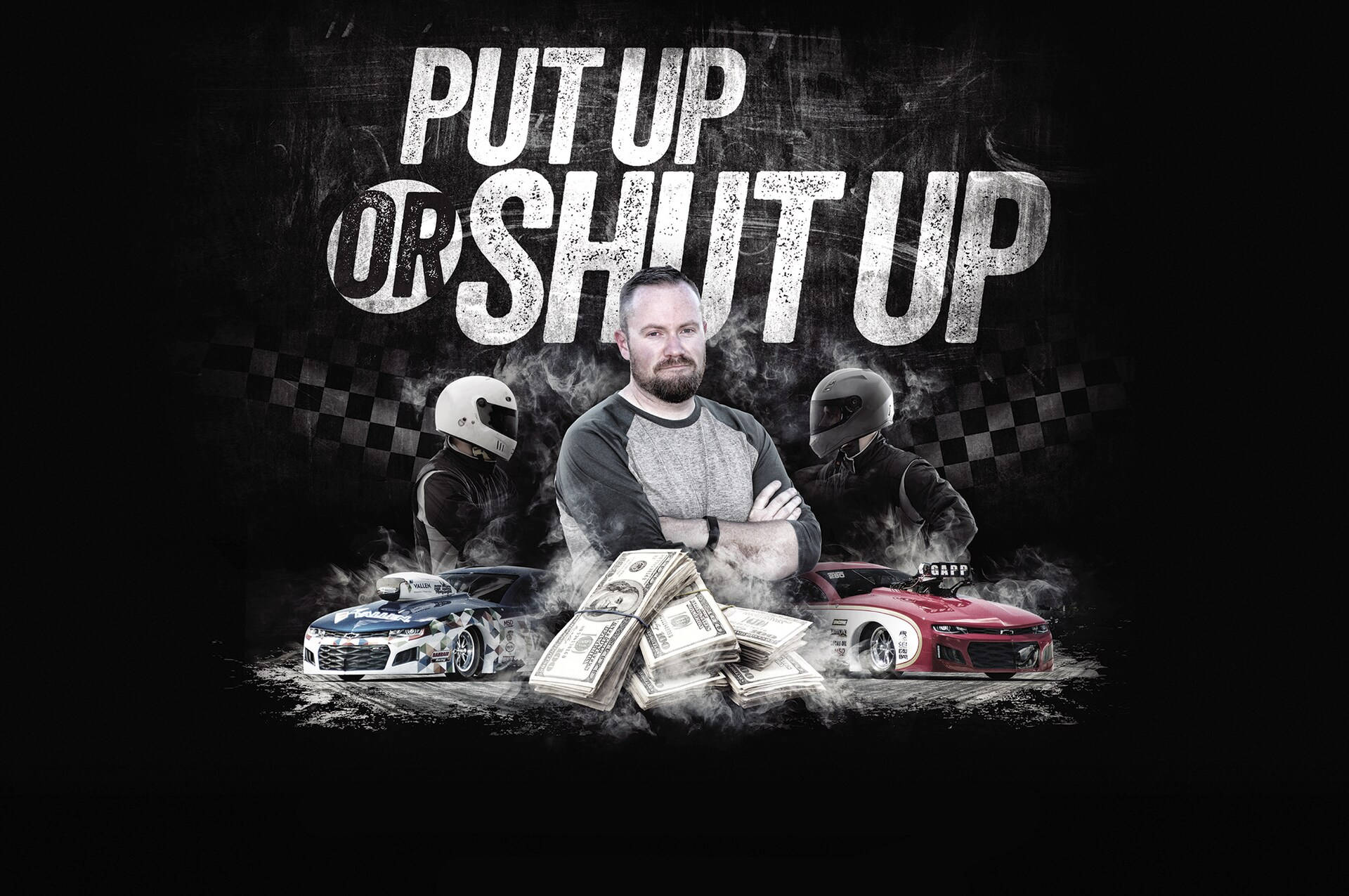 put up or shut up, graffiti-style text, drifting race cars, Full HD Desktop Wallpaper