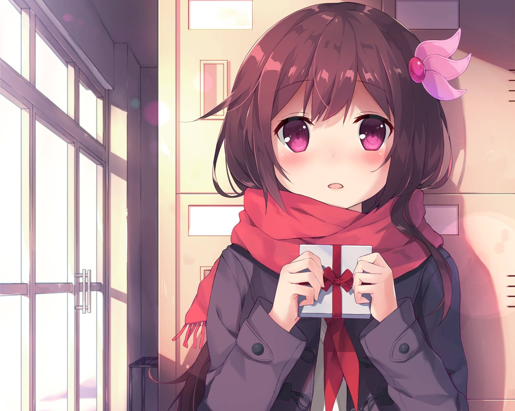 Shy Anime Girl, school hallway, sunlit window, Full HD Desktop Wallpaper