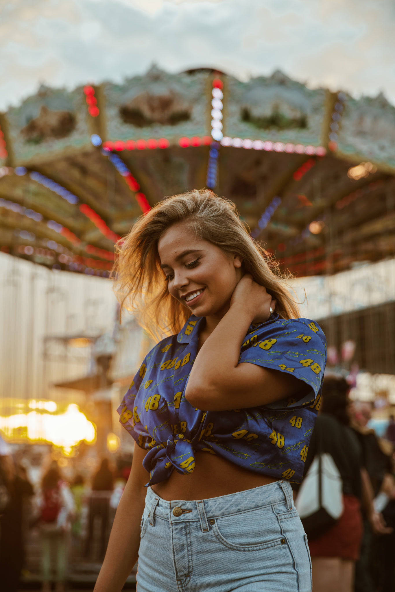 Shy Woman, carnival, colorful carousel, Full HD Phone Wallpaper