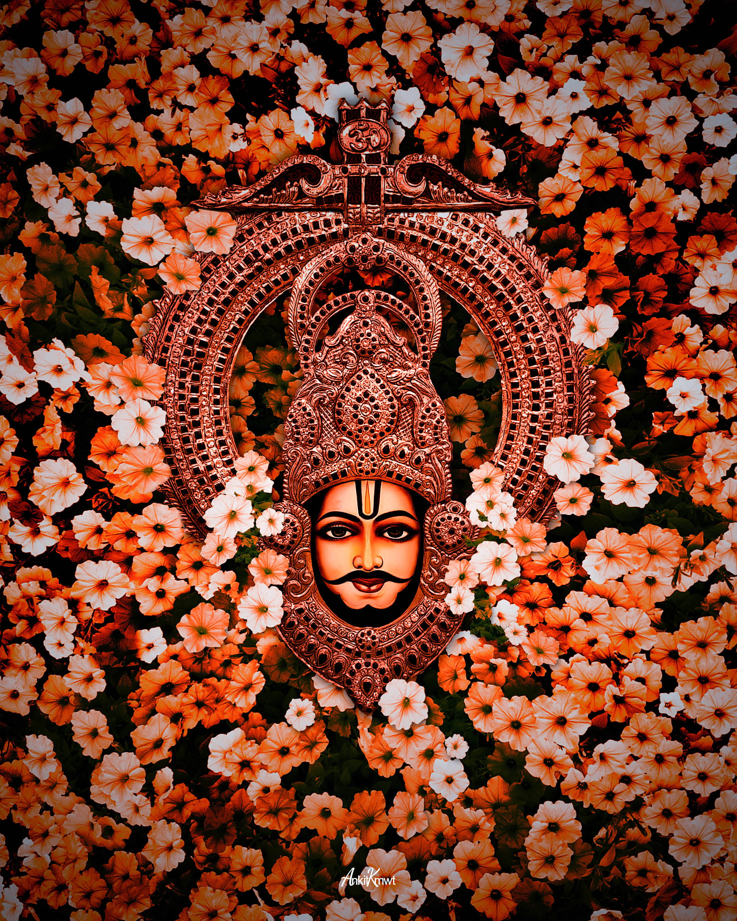 Shyam Baba, ornate crown, orange and white flowers, 2K Phone Wallpaper