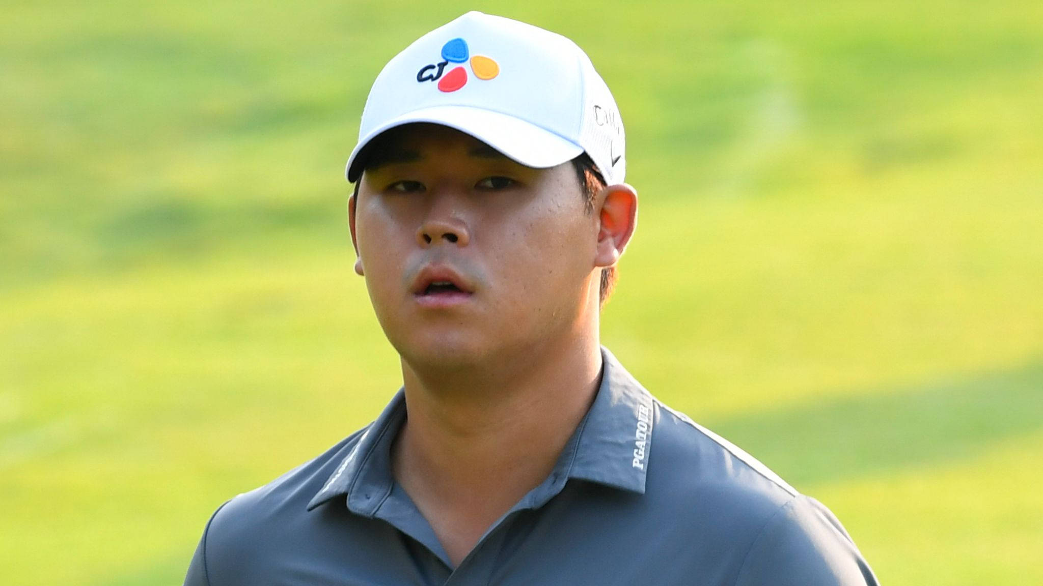 Si Woo Kim, white cap, gray polo, Full HD Desktop Wallpaper