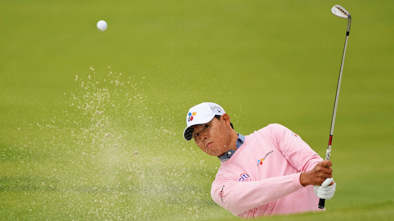 Si Woo Kim, pink shirt, golf club, HD Desktop Wallpaper