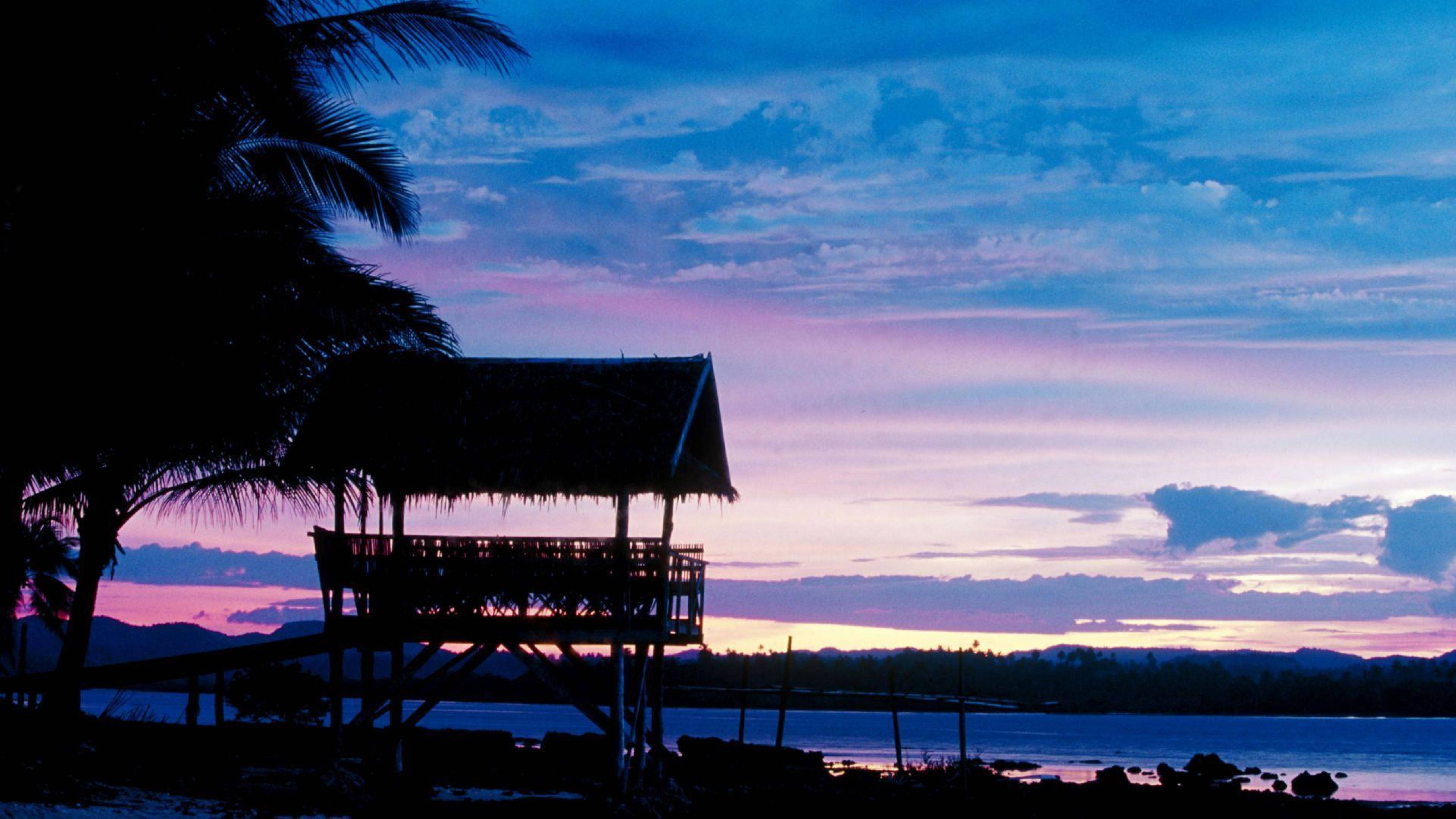 Siargao Island, purple sky, thatched hut, 5K Desktop Wallpaper