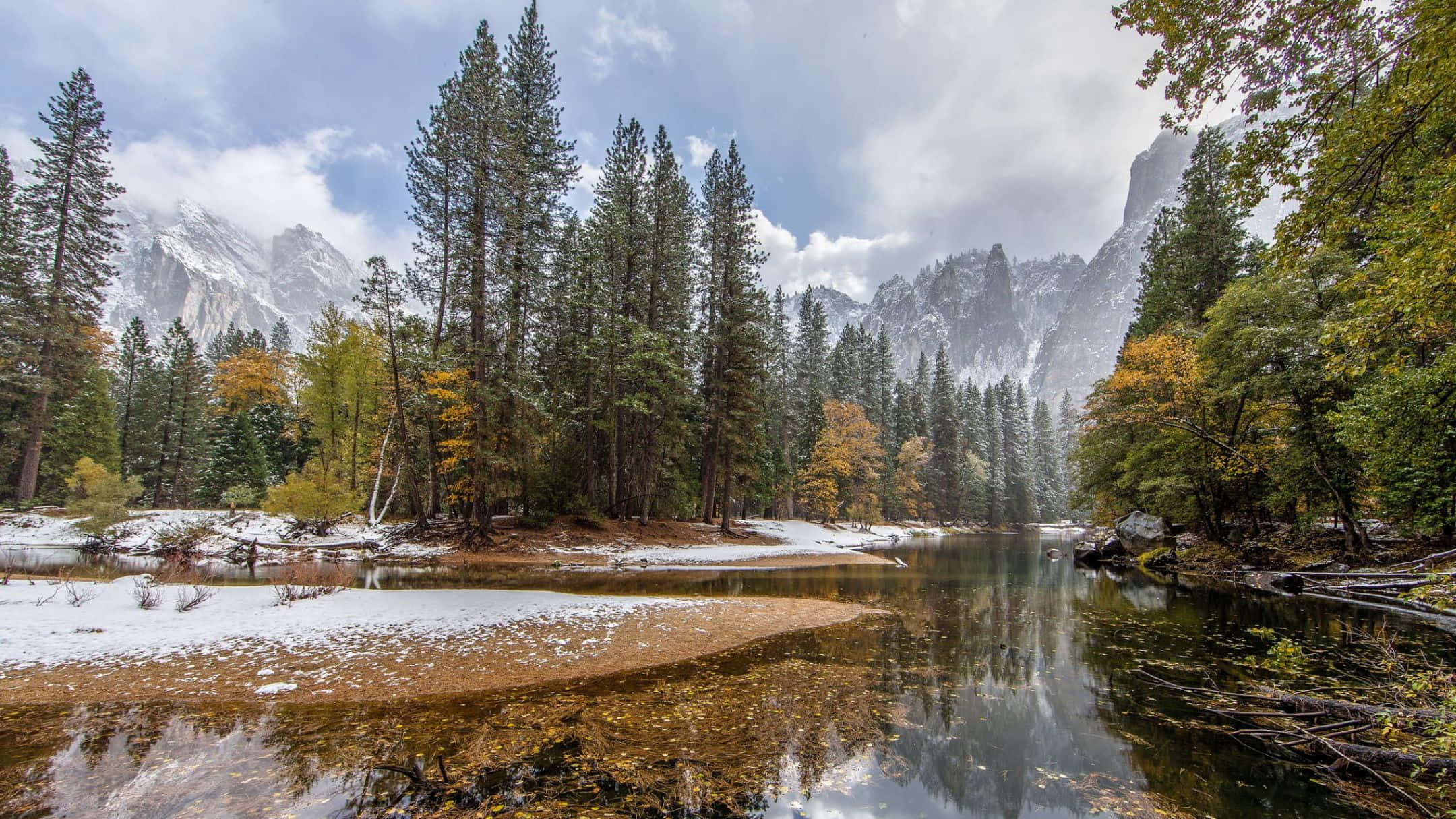 autumn river, snowy forest, towering pines, Full HD Desktop Wallpaper