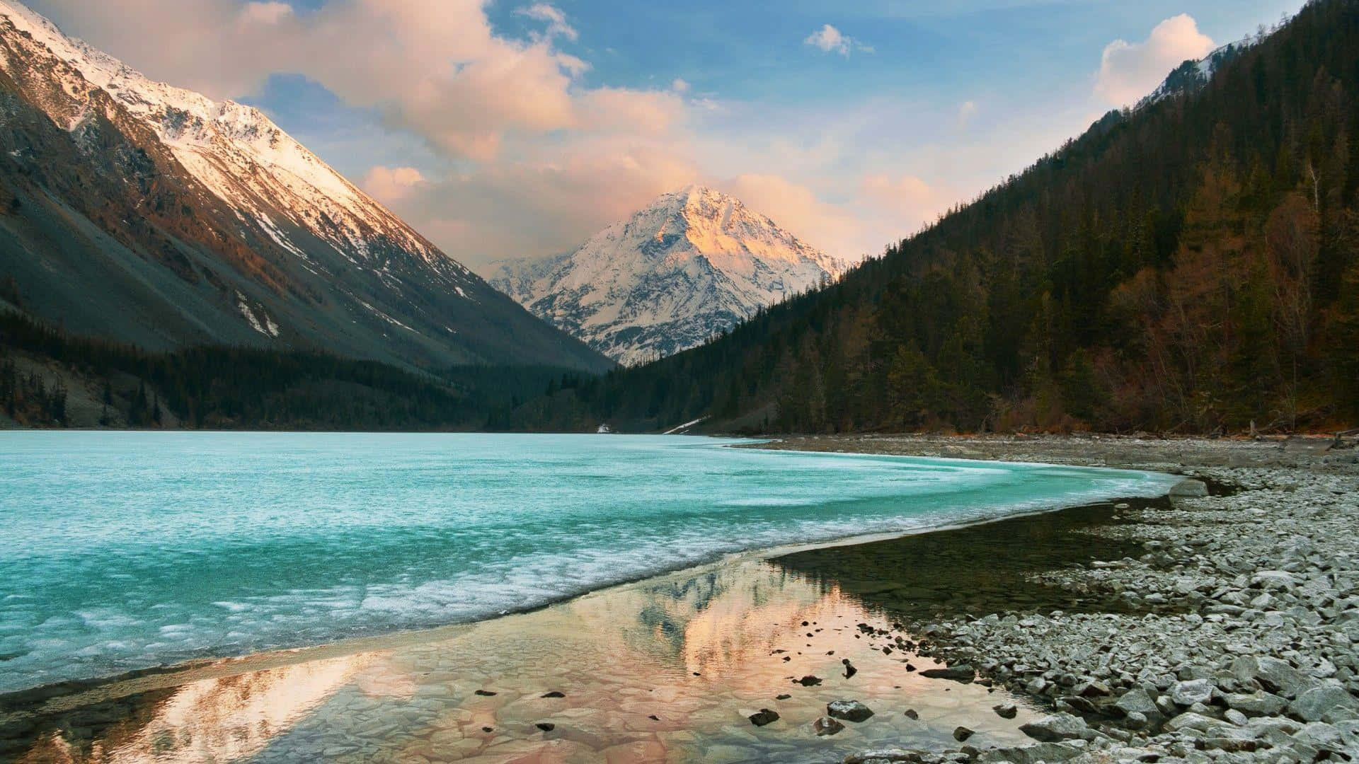 Siberia, alpine lake, snowcapped mountains, Full HD Desktop Wallpaper