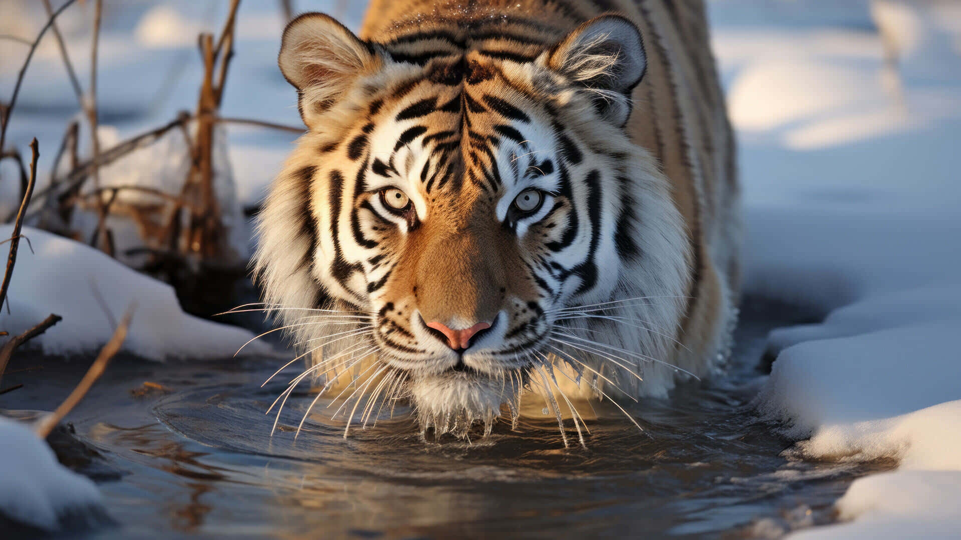 Siberian Tiger, snowy stream, winter, Full HD Desktop Wallpaper