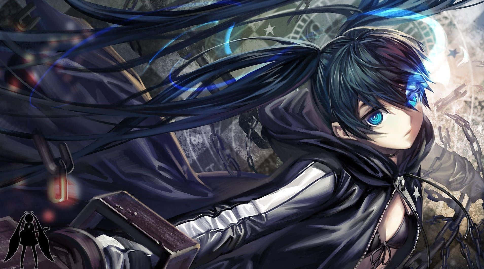 glowing blue eyes, flowing black hair, dark hooded outfit, HD Desktop Wallpaper