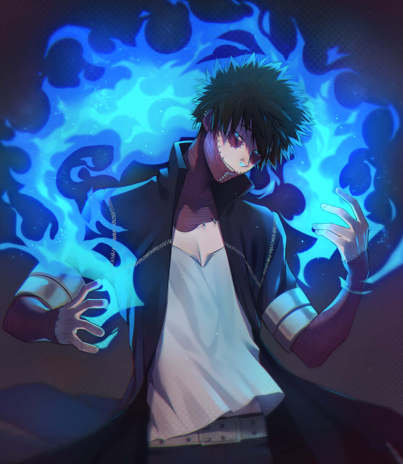 spiky-haired anime boy, glowing blue flames, dark background, HD Phone Wallpaper