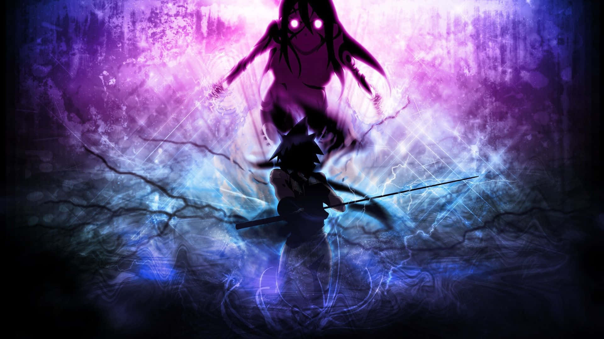 anime warrior, sword, glowing purple and blue spectral enemy, Full HD Desktop Wallpaper