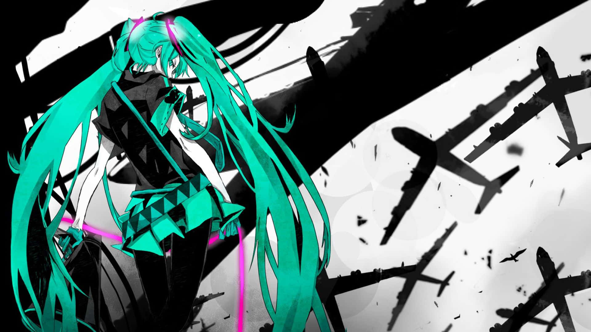 teal-haired anime girl, falling black airplane silhouettes, stark white and black background, Full HD Desktop Wallpaper