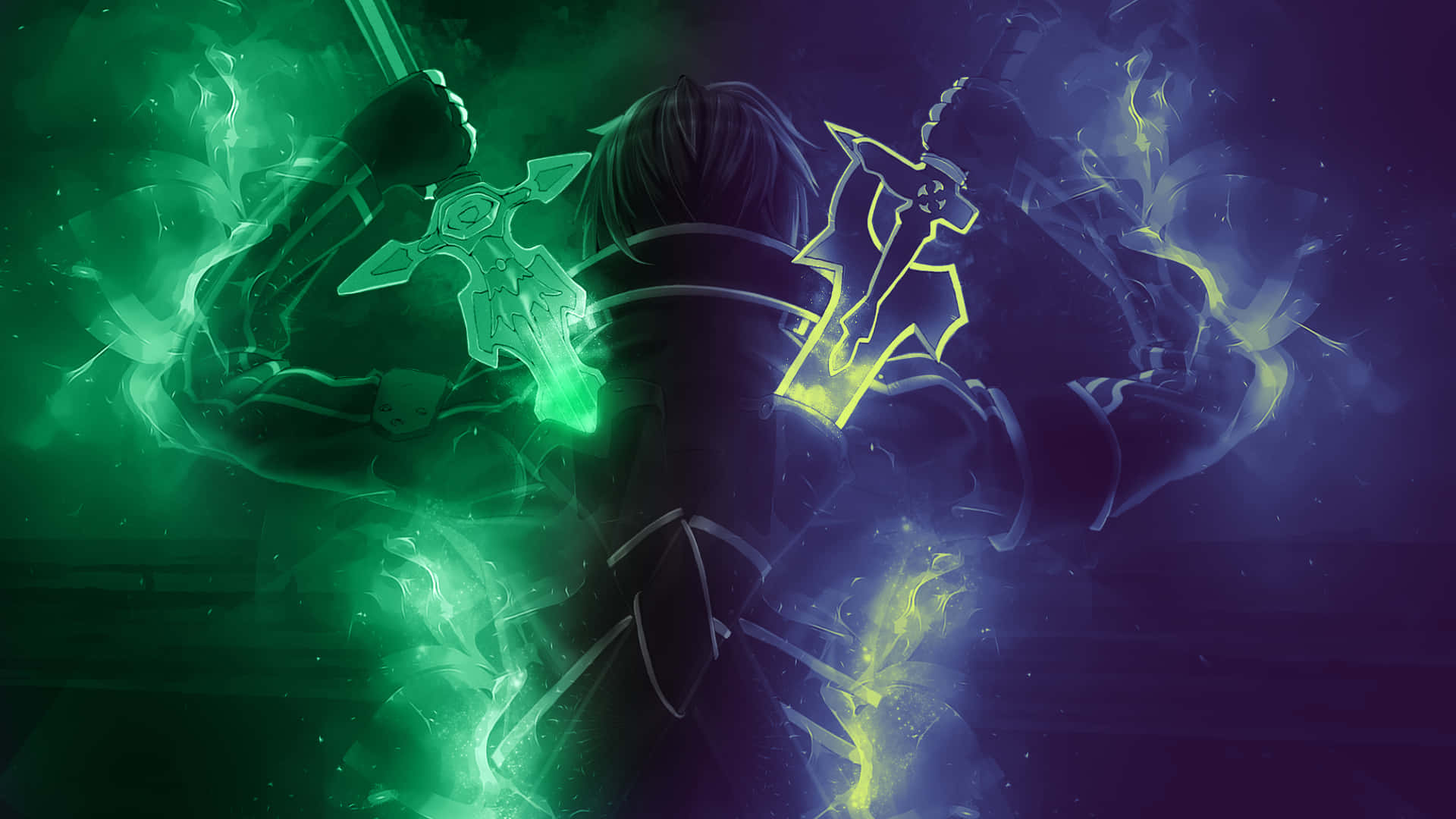 Sick Anime, glowing green and yellow swords, swirling magical energy, Full HD Desktop Wallpaper
