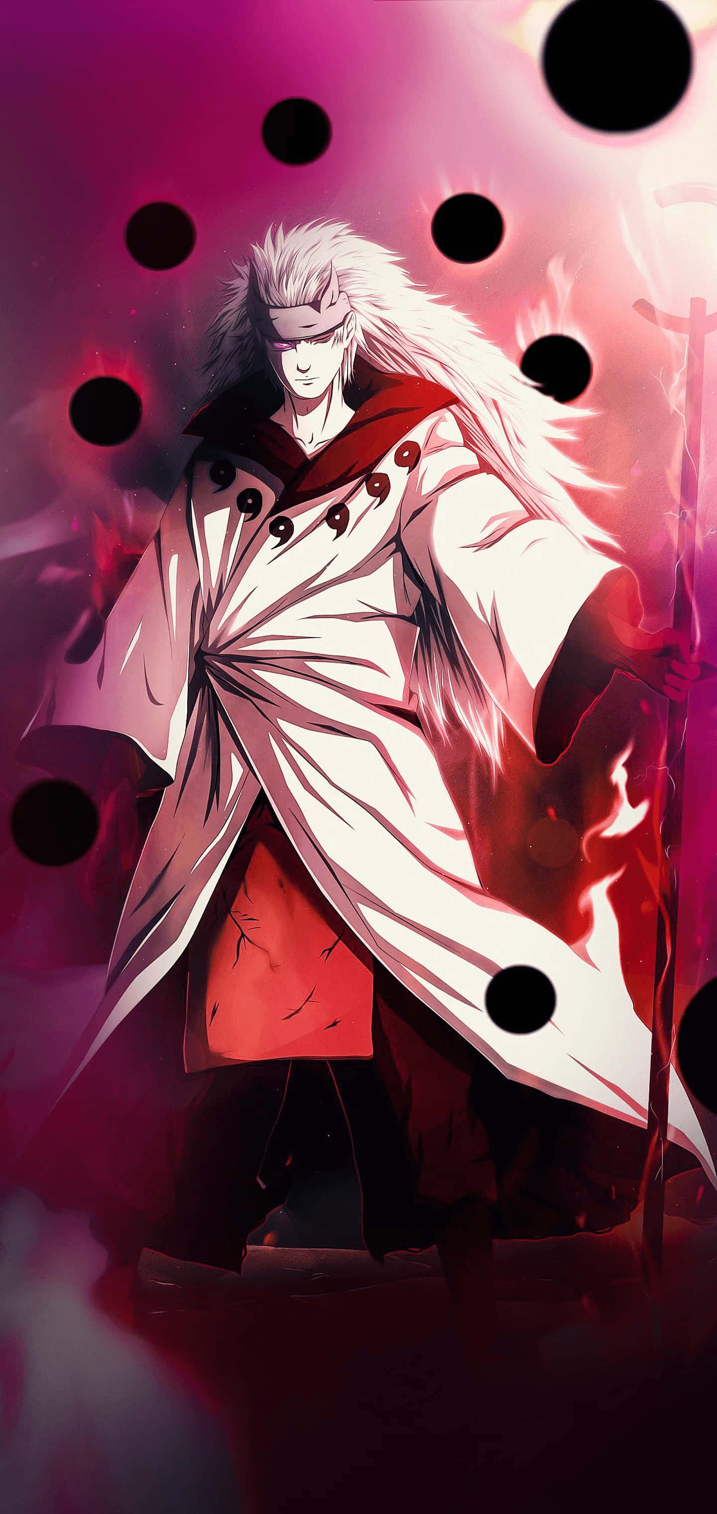 white-haired anime character, flowing white robe, vibrant pink and red background, 2K Phone Wallpaper