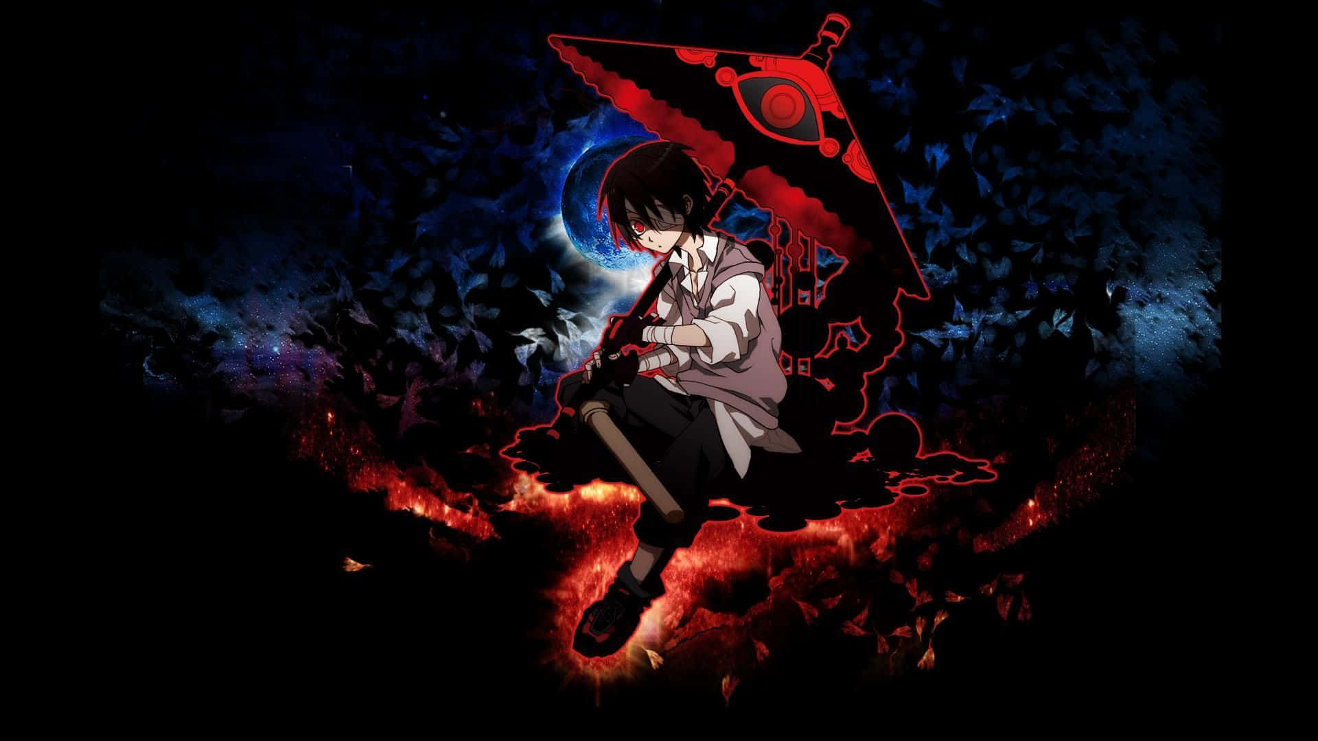 Sick Anime Boy, red and black umbrella, glowing red sword, Full HD Desktop Wallpaper