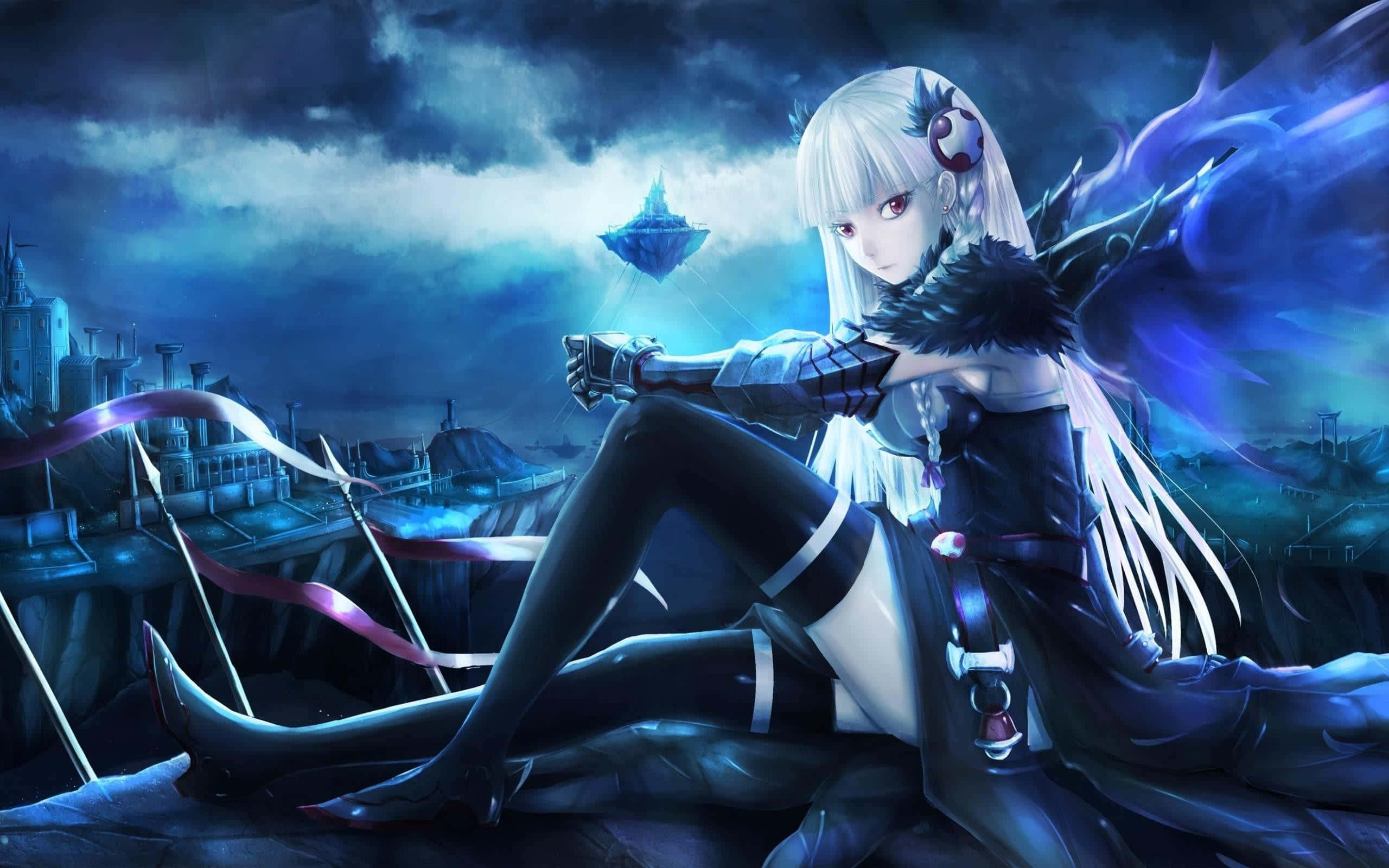silver-haired anime girl, dark armor, cliff edge, 2K Desktop Wallpaper