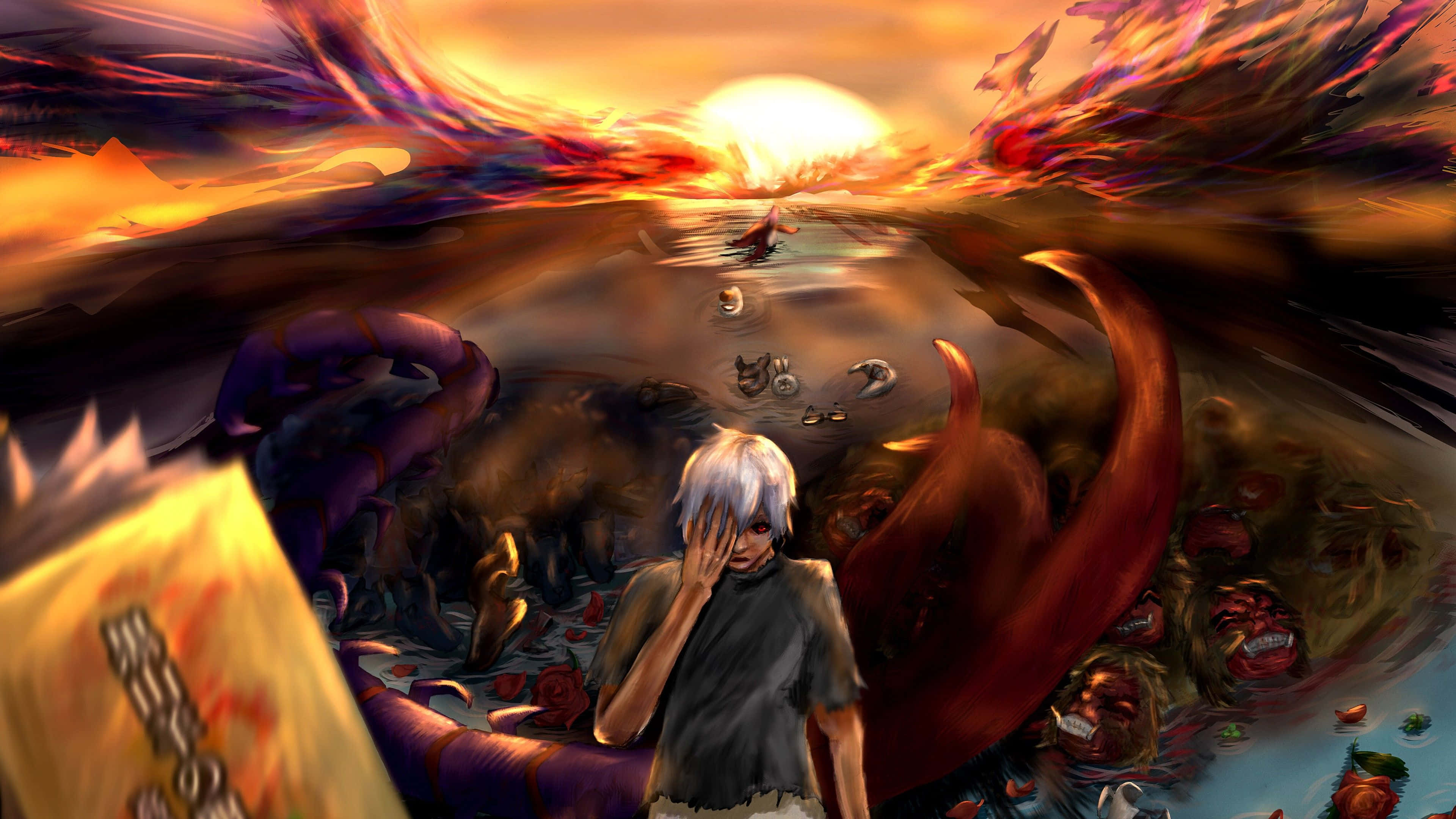 white-haired anime boy, monstrous tentacles, grotesque faces, 4K Desktop Wallpaper