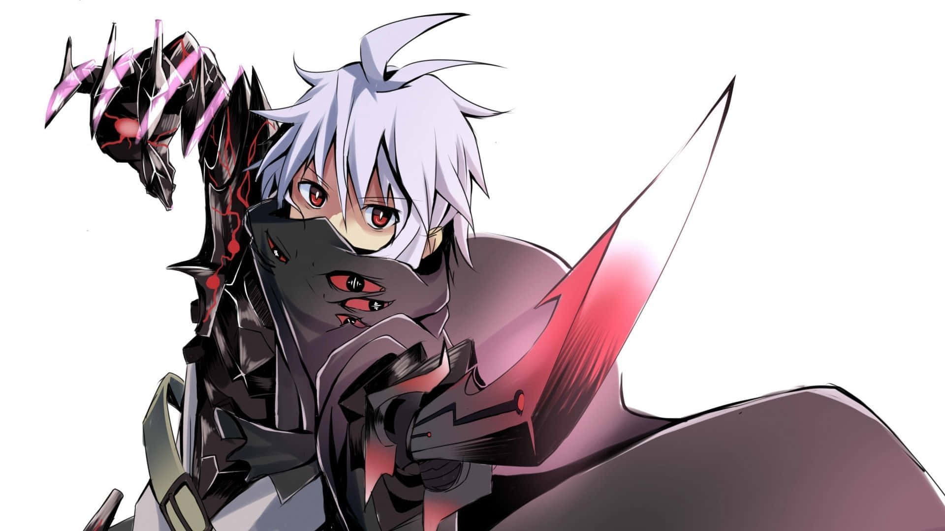 silver-haired anime warrior, red eyes, glowing red sword, Full HD Desktop Wallpaper