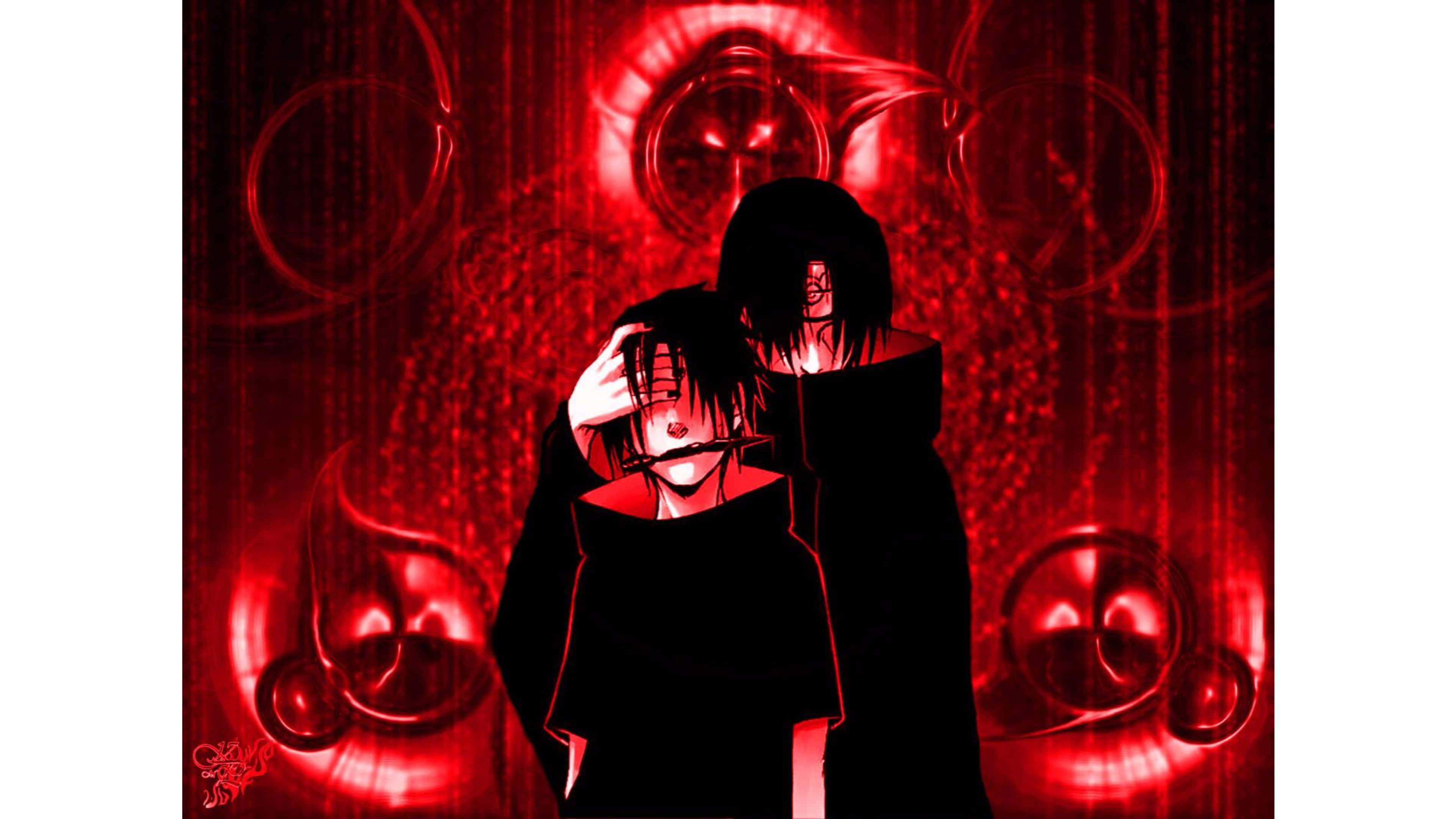 Sick Anime, black robes, glowing red background, 4K Desktop Wallpaper