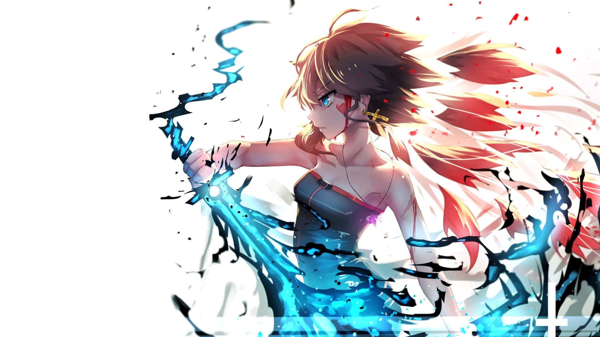 blue hair, blue paint on her face, glowing blue energy, Full HD Desktop Wallpaper