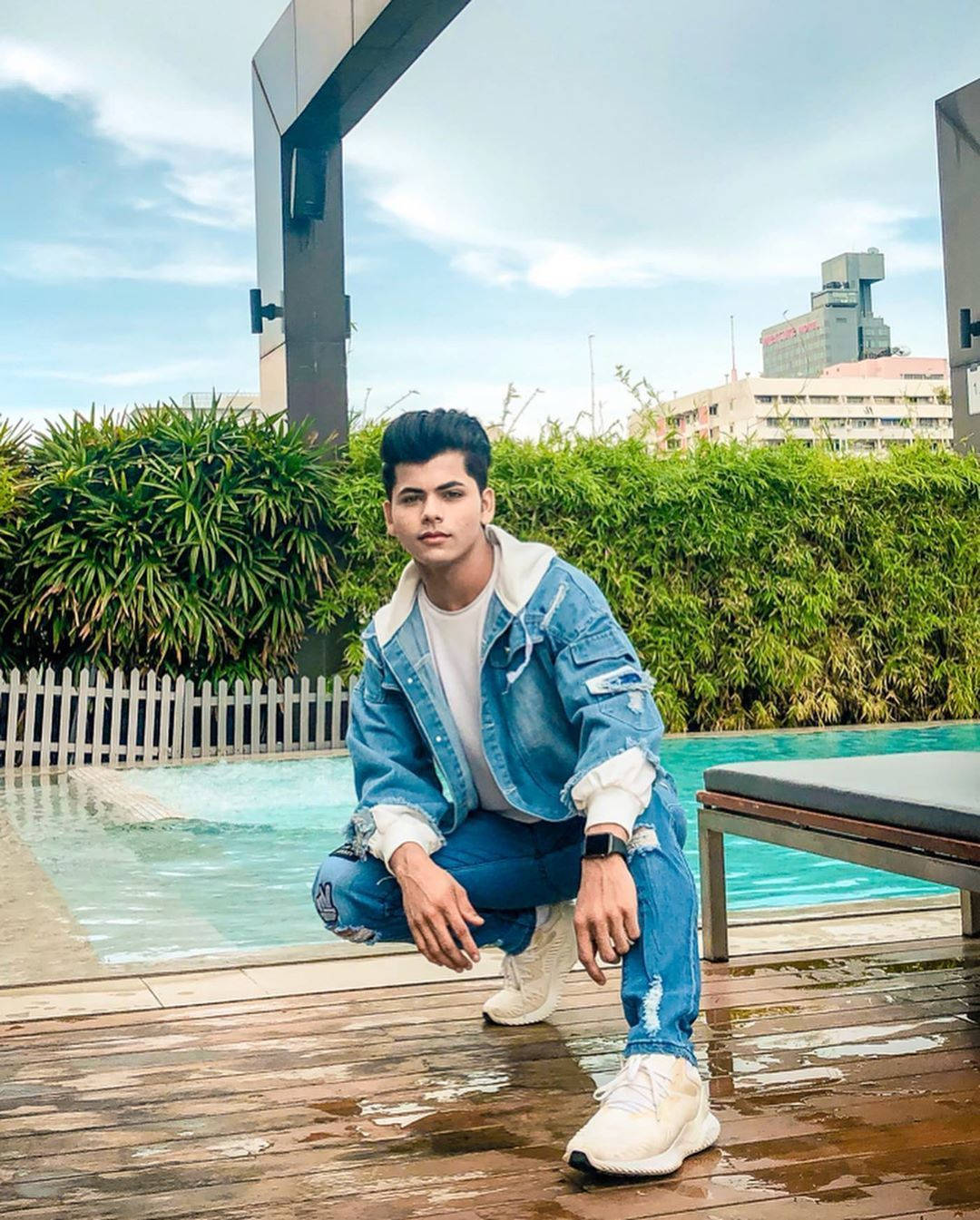 Siddharth Nigam, rooftop pool, city buildings, HD Phone Wallpaper