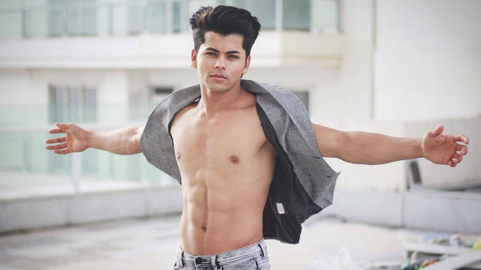 Siddharth Nigam, arms open, muscular man, Full HD Desktop Wallpaper