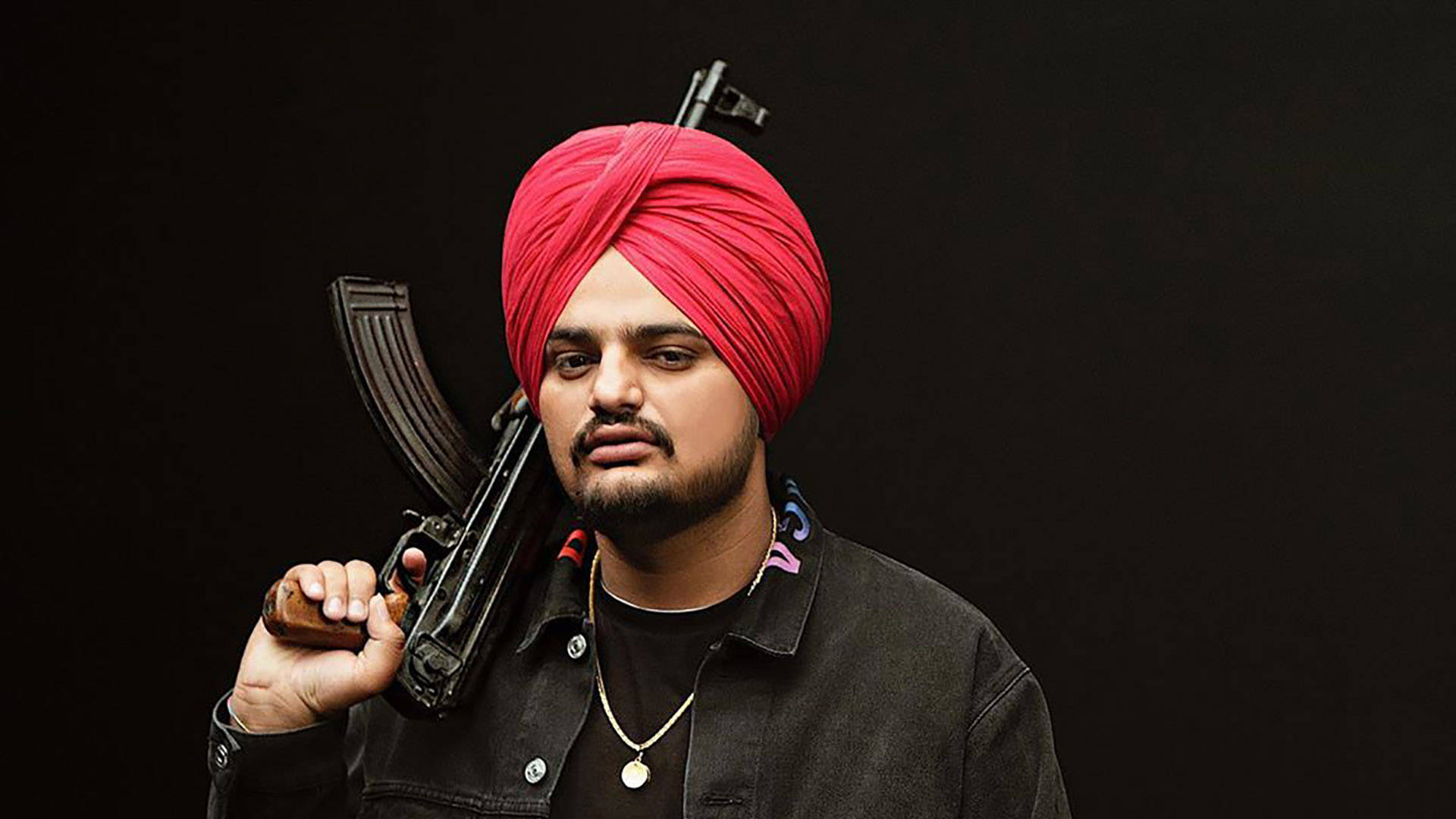Sidhu Moose Wala, bright red turban, assault rifle, Full HD Desktop Wallpaper