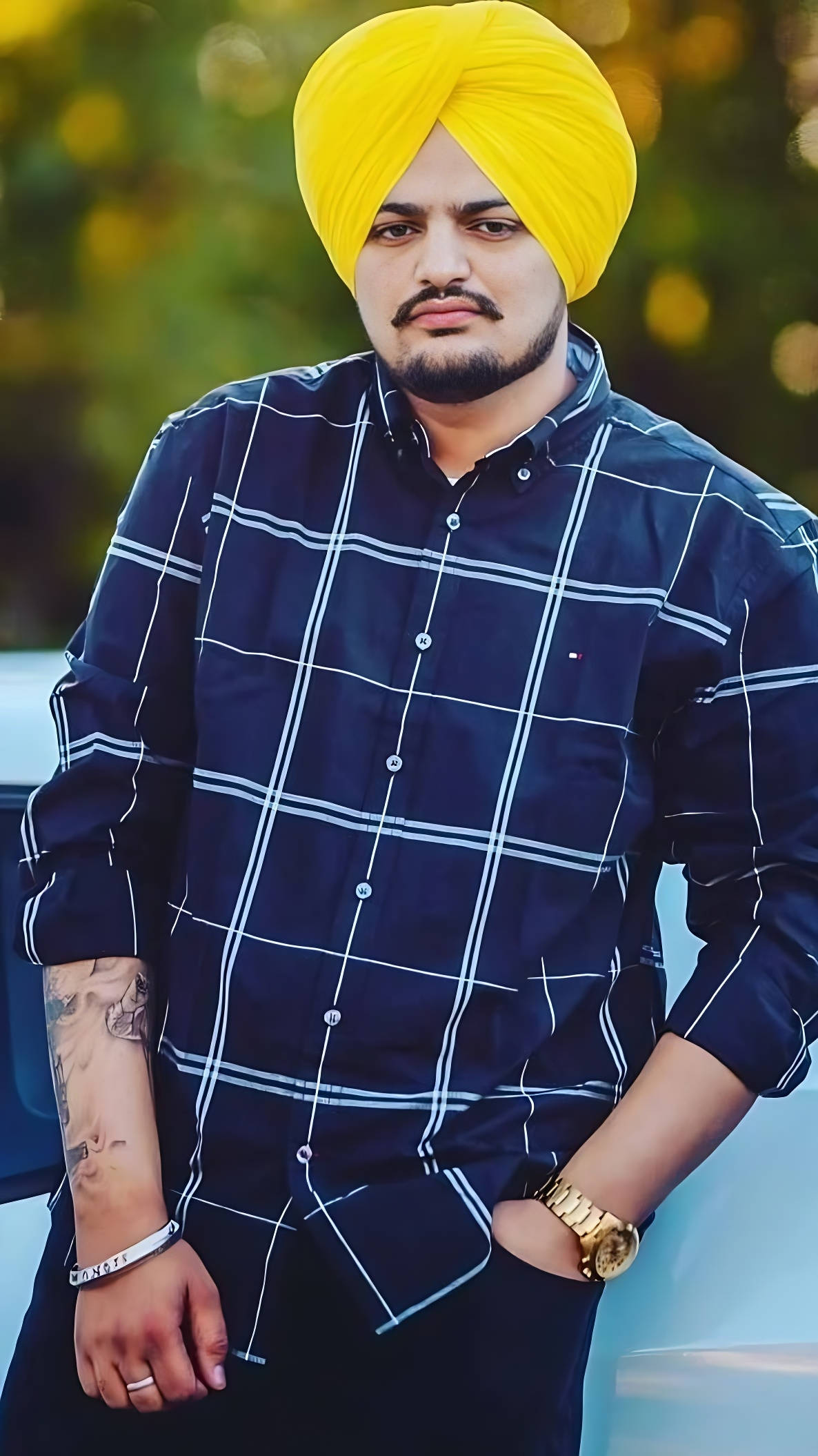 Sidhu Moose Wala, yellow turban, navy plaid shirt, Full HD Phone Wallpaper