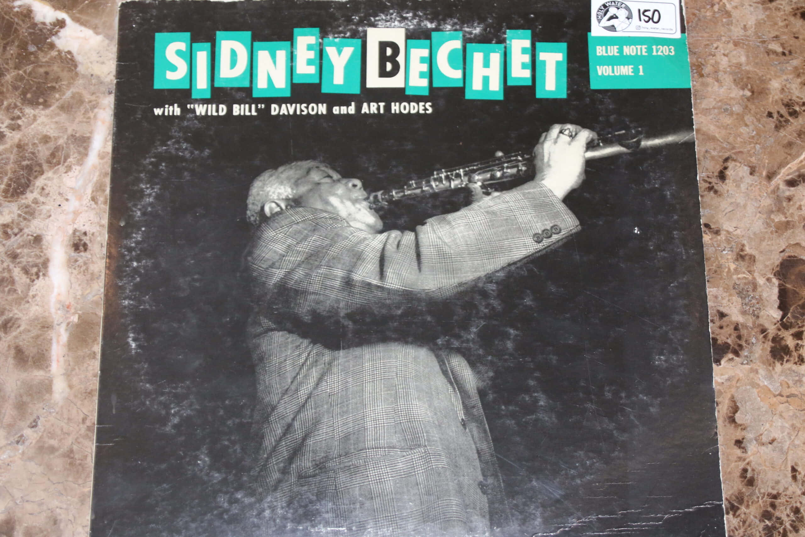 Sidney Bechet, soprano saxophone, vintage jazz album cover, 2K Desktop Wallpaper