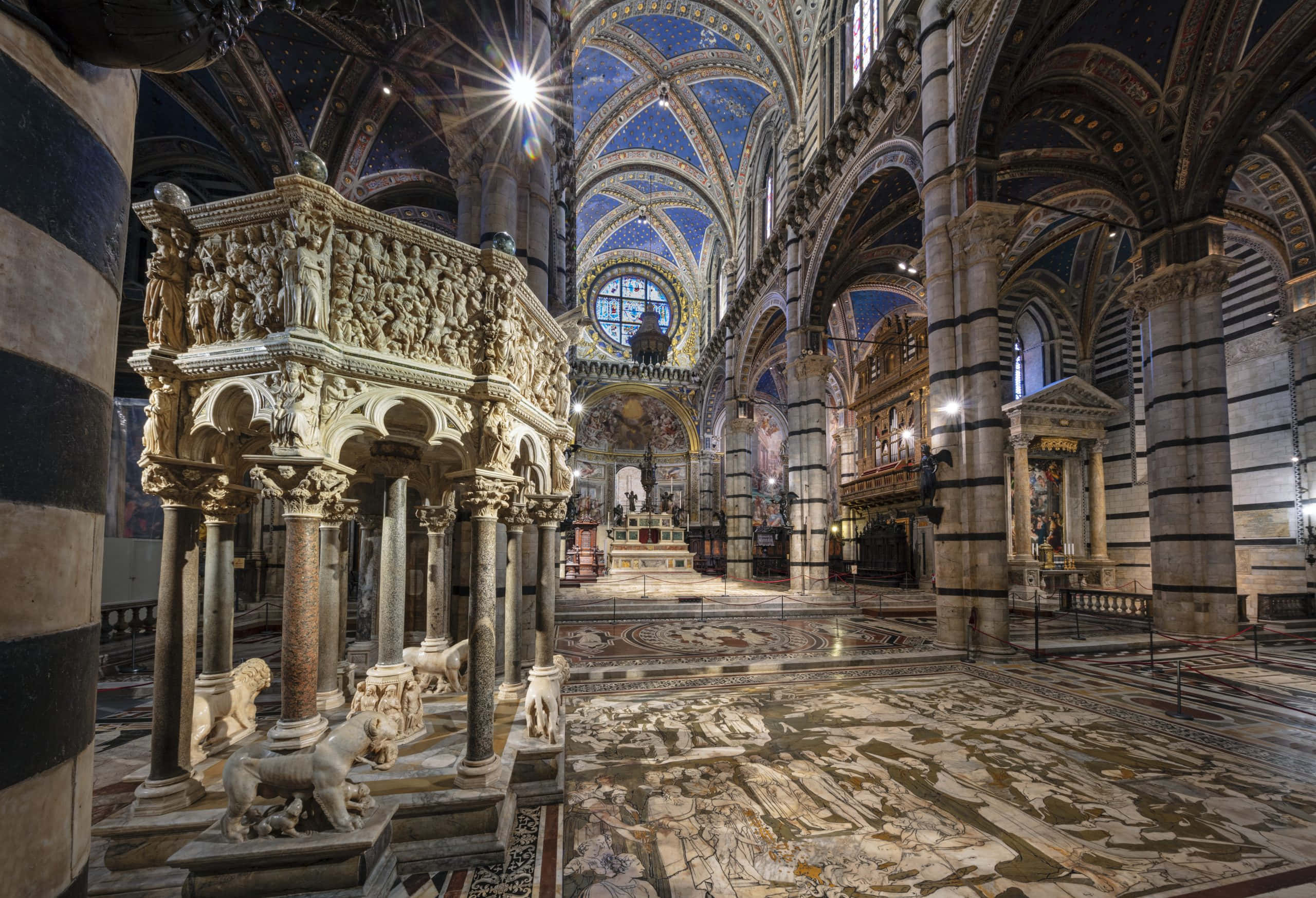 Siena Cathedral, striped marble columns, intricate carvings, 2K Desktop Wallpaper