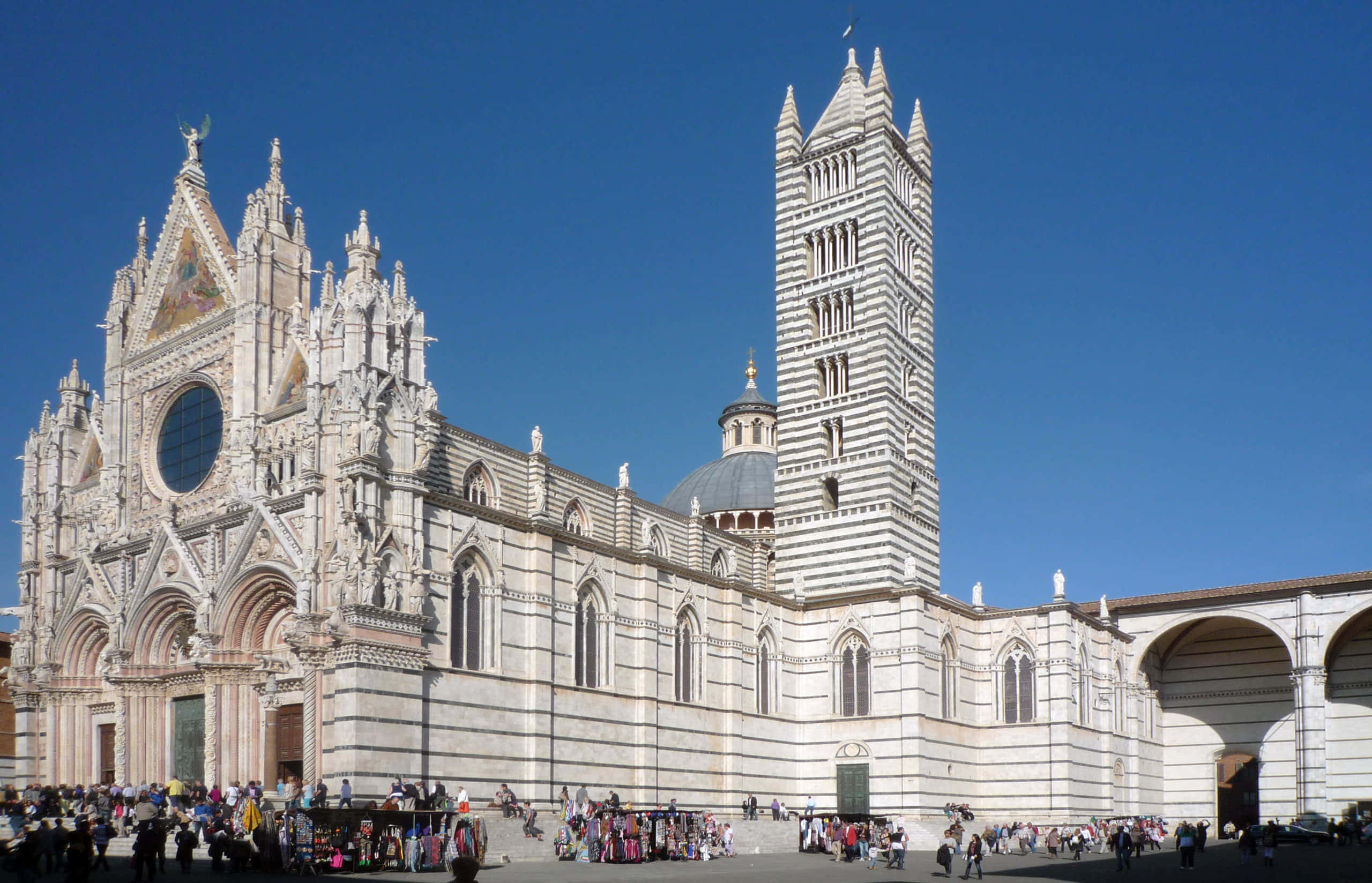Siena Cathedral, striped tower, ornate facade, 2K Desktop Wallpaper