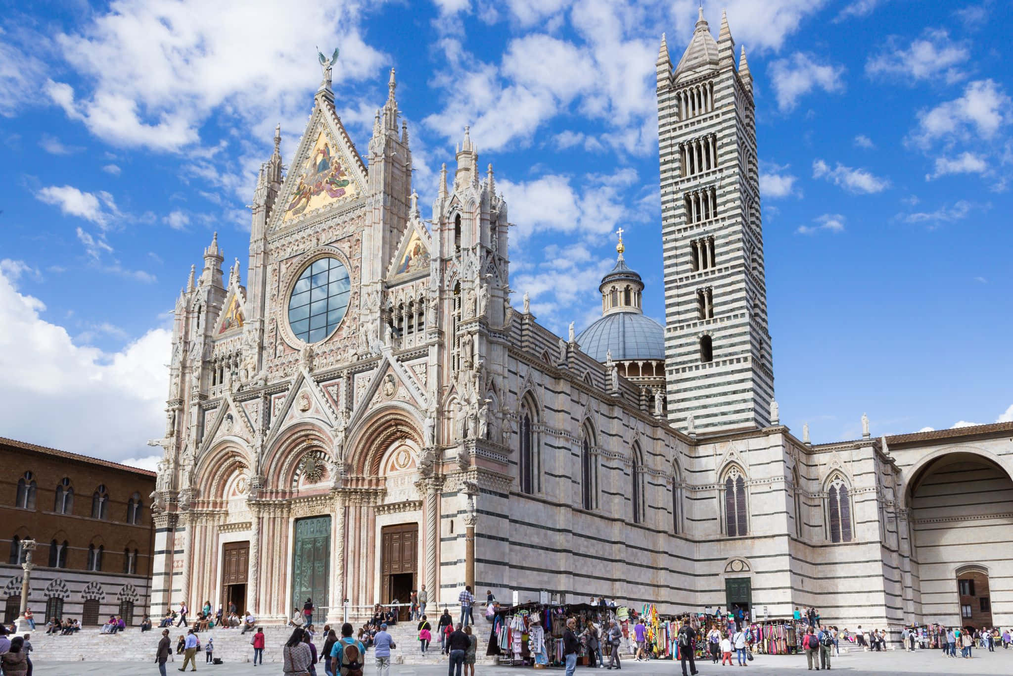 Siena Cathedral, striped bell tower, ornate facade, Full HD Desktop Wallpaper