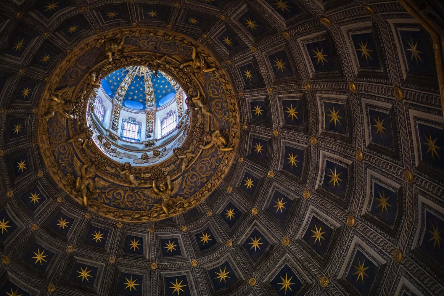 Siena Cathedral, gold stars, dark blue panels, HD Desktop Wallpaper
