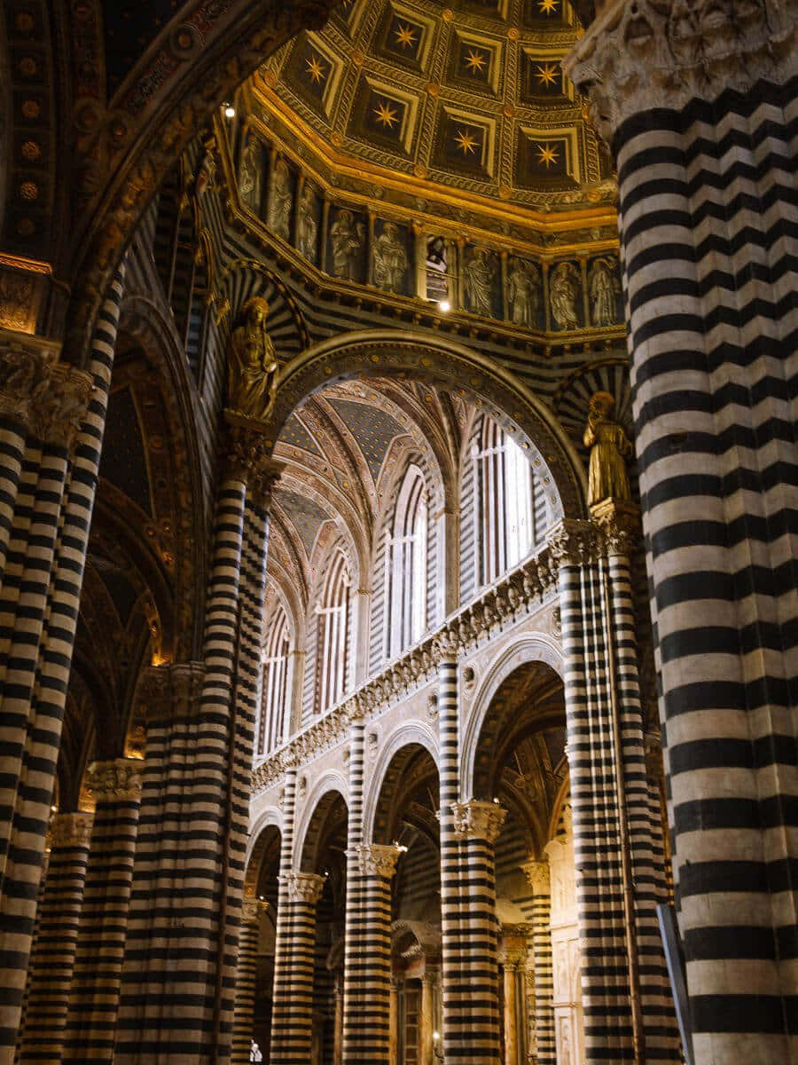 Siena Cathedral, black and white striped columns, golden star-adorned ceiling, SD Phone Wallpaper
