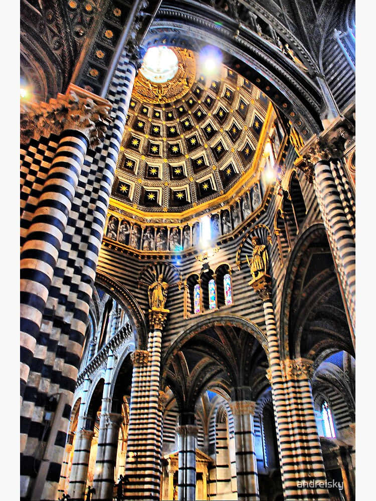 Siena Cathedral, black and white striped columns, golden star-patterned dome, SD Phone Wallpaper