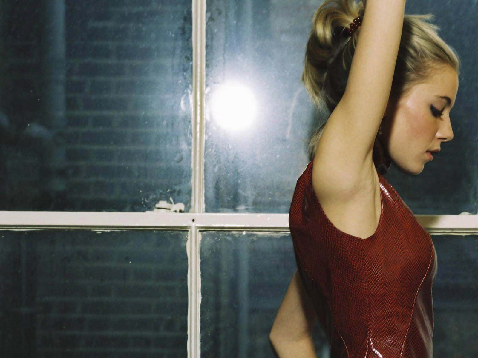 Sienna Miller, red textured dress, rain-streaked window, HD Desktop Wallpaper
