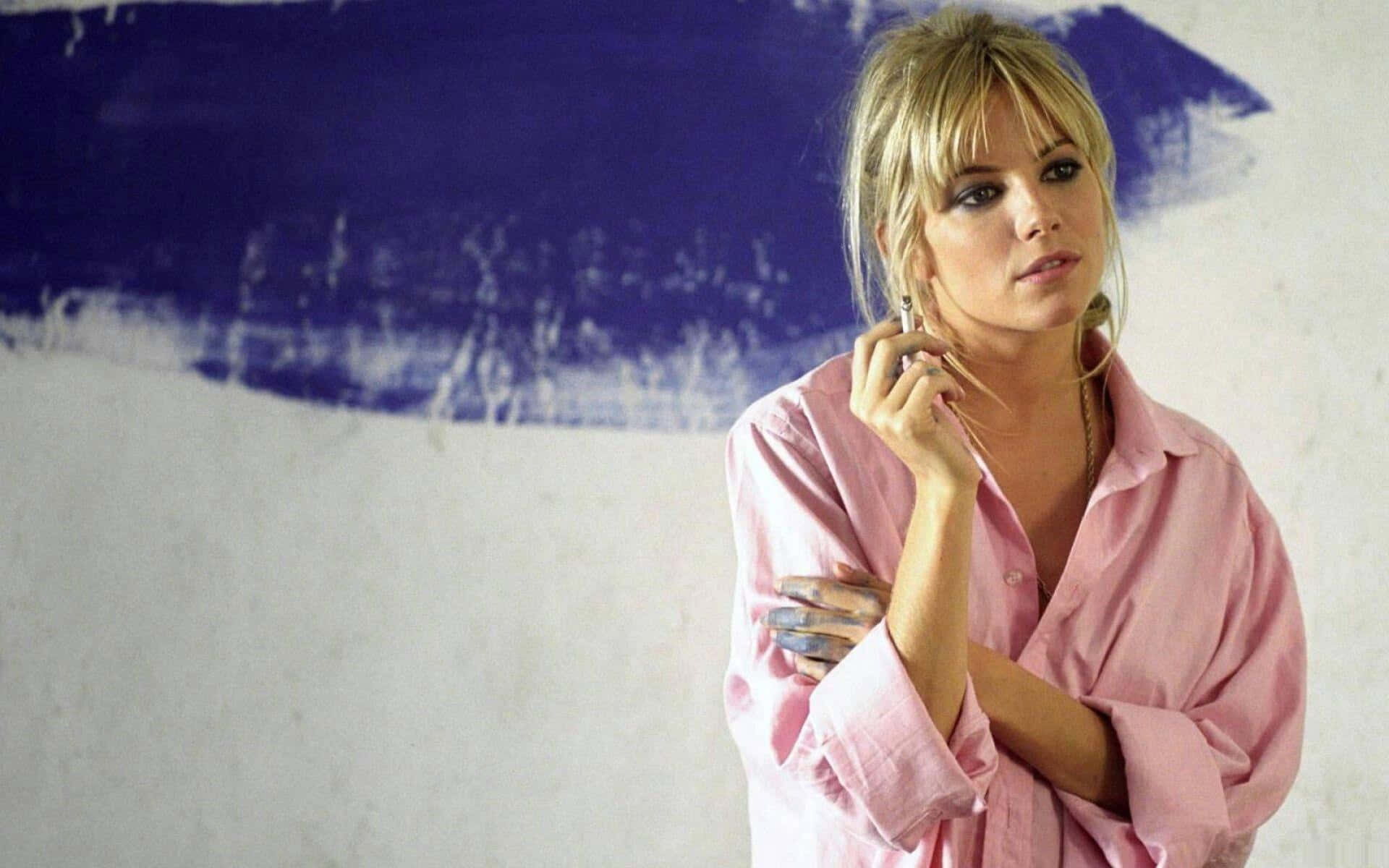 Sienna Miller, pink polo shirt, bold blue paint strokes, Full HD Desktop Wallpaper