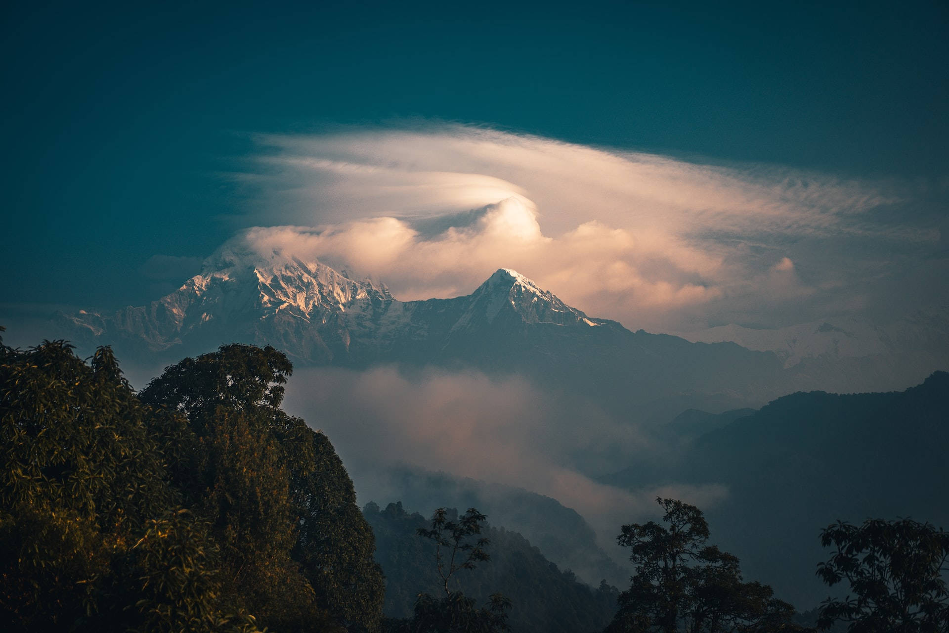Mist And Mountain, snowcapped mountain peak, glowing clouds, Full HD Desktop Wallpaper