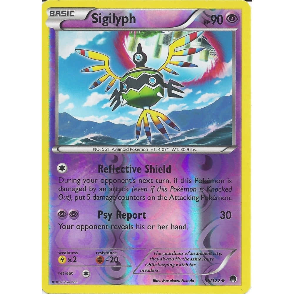 Sigilyph, green and yellow avianoid Pokémon, rainbow wings, SD Desktop Wallpaper