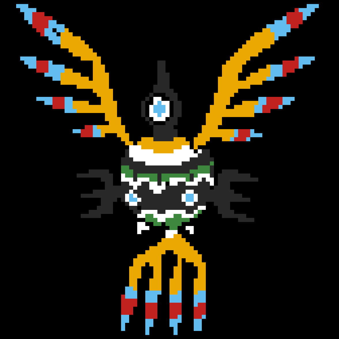 Pixelated Sigilyph, yellow wings, red blue and green accents, SD Desktop Wallpaper
