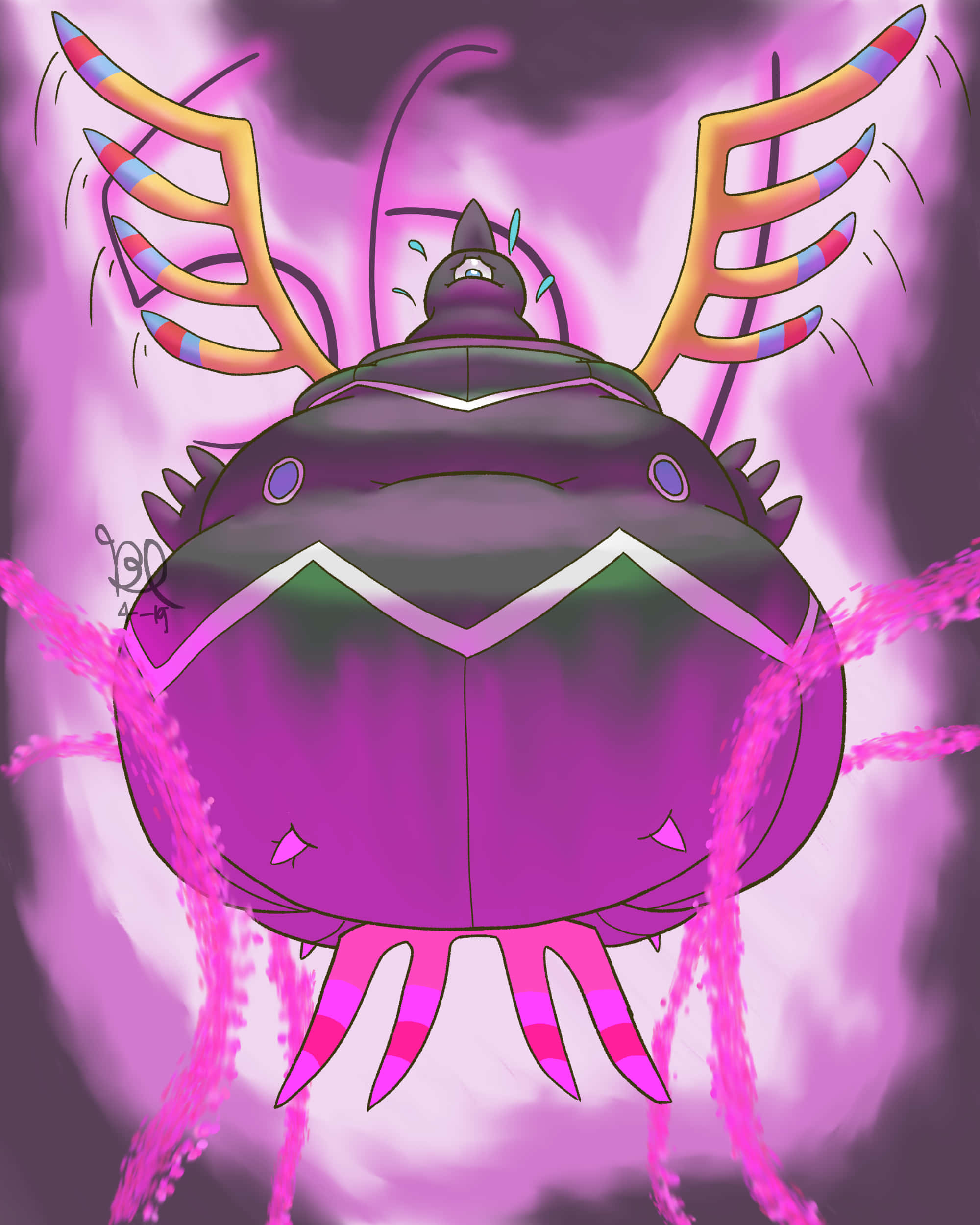Sigilyph, purple anime-style insectoid creature, glowing pink limbs, Full HD Phone Wallpaper