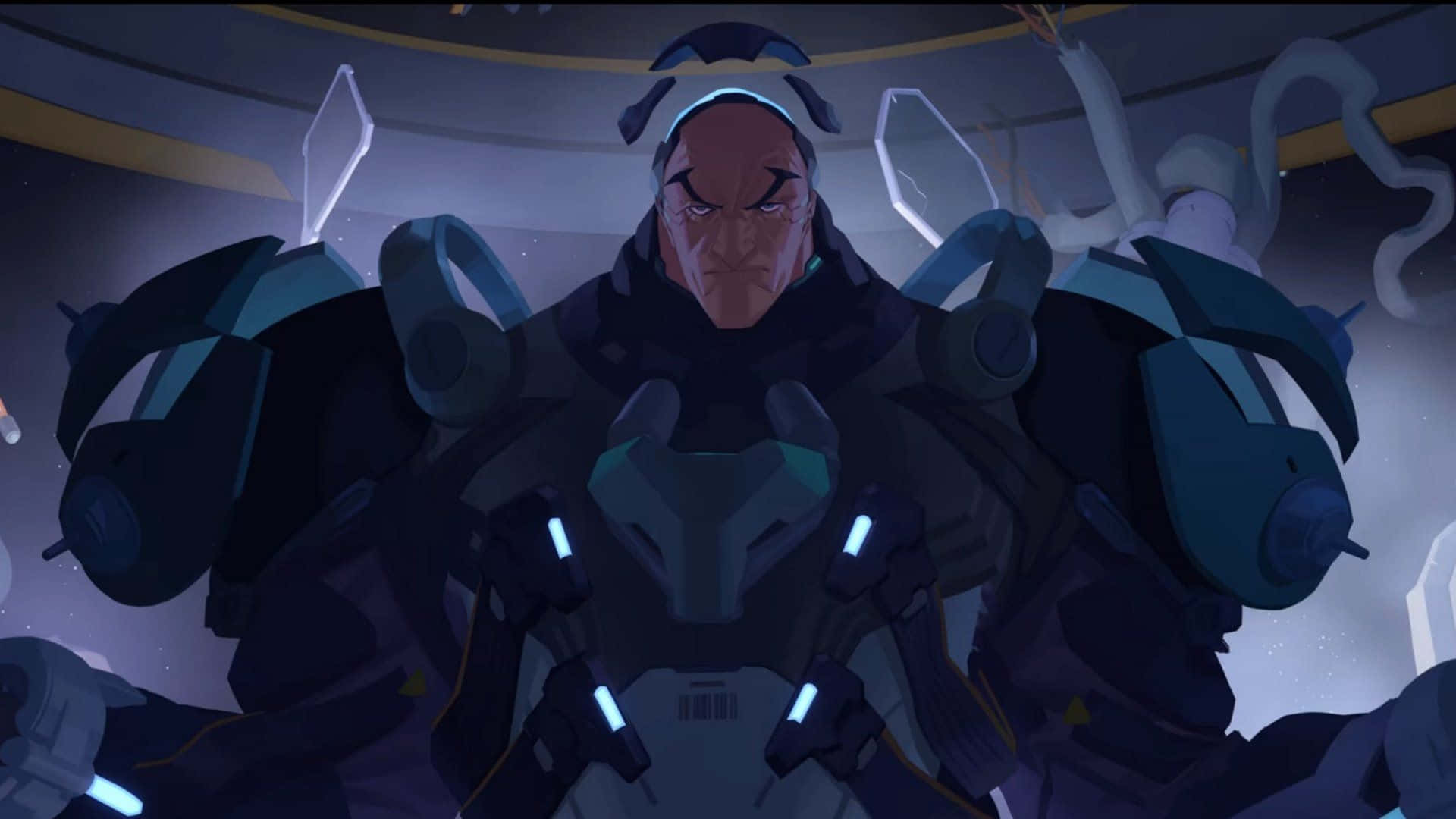 futuristic cockpit, glowing blue accents, armored warrior, Full HD Desktop Wallpaper