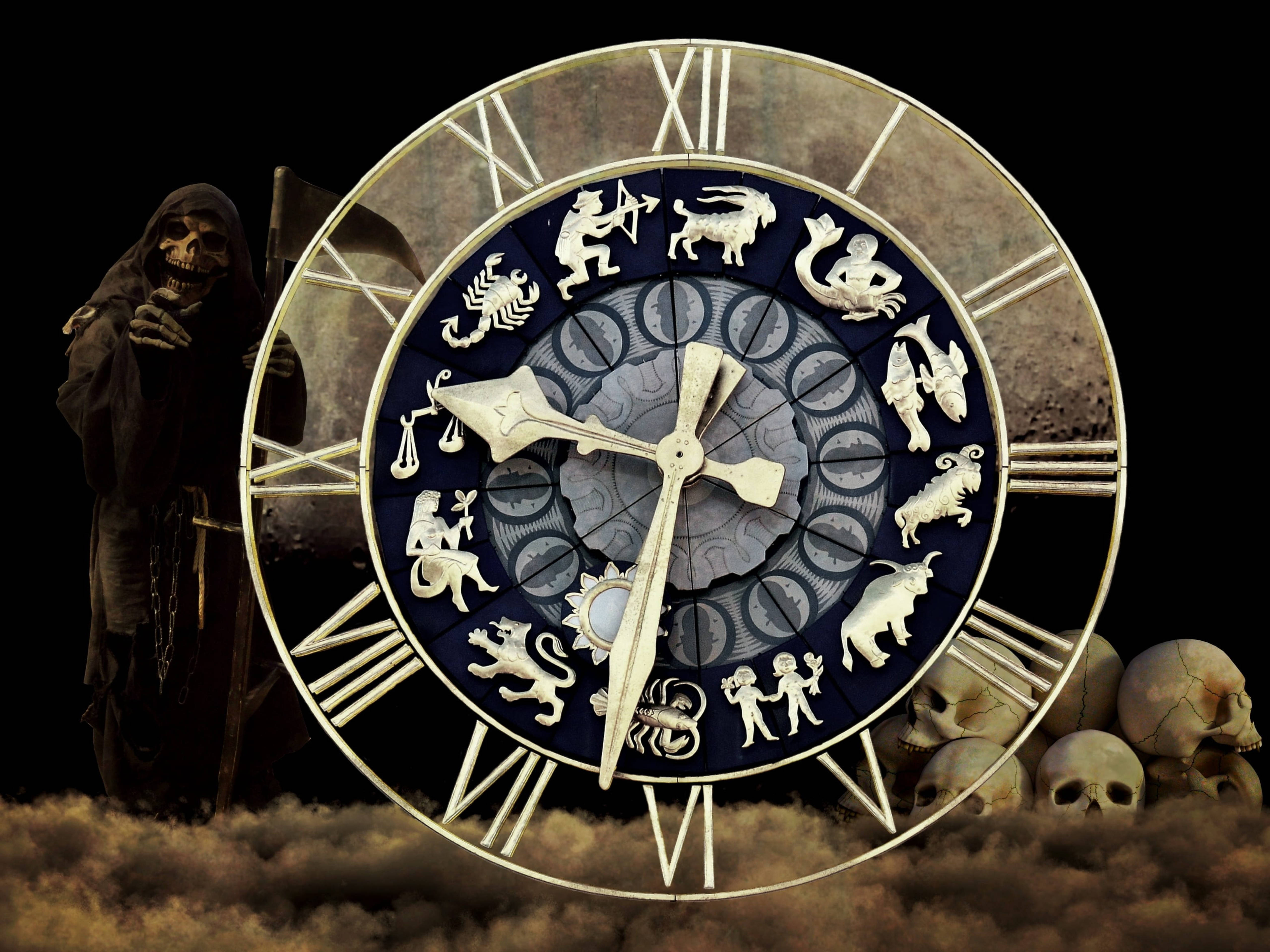 grim reaper, ornate clock, zodiac symbols, 5K Desktop Wallpaper