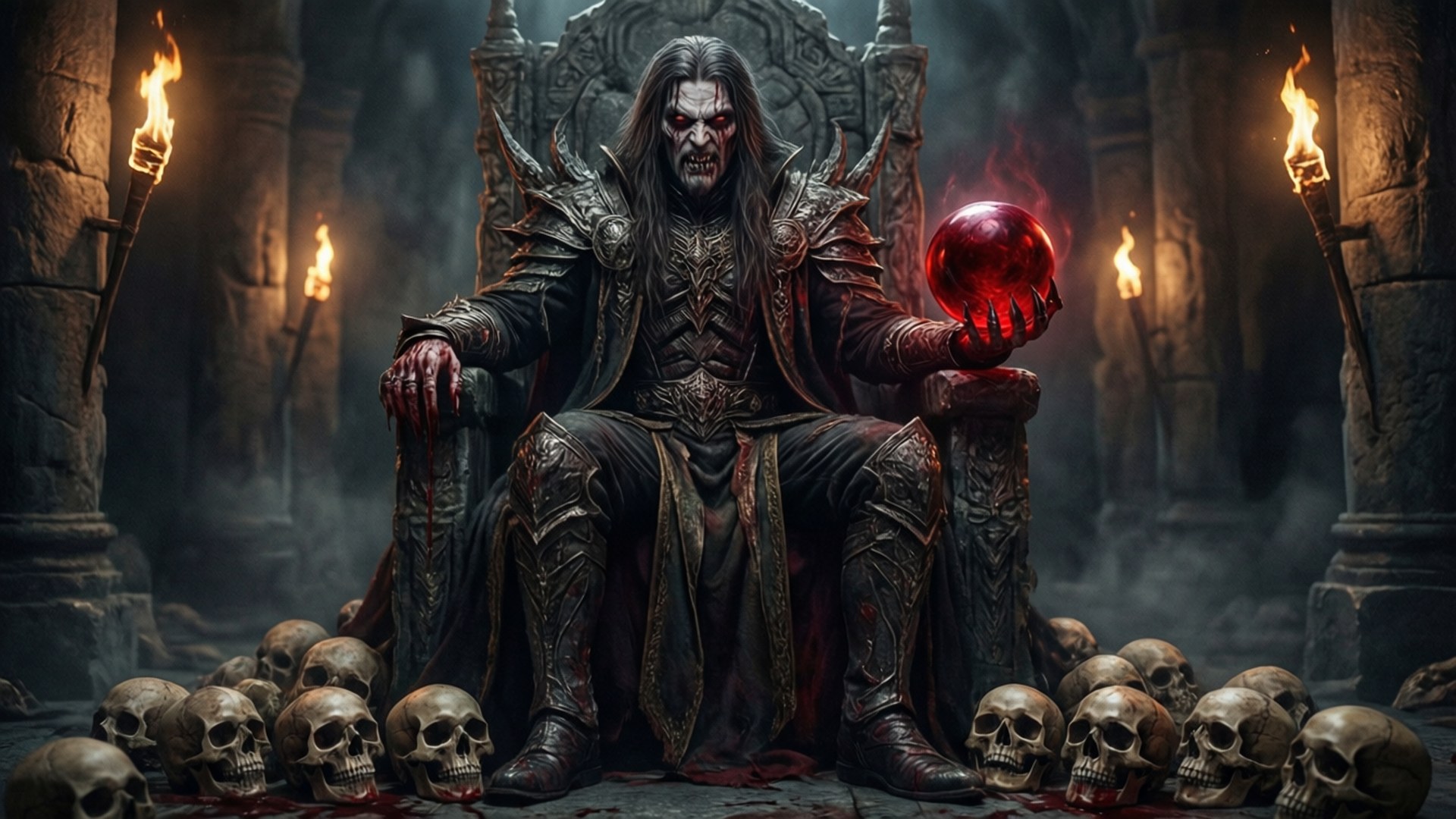 Silas, ancient throne, skulls, Full HD Desktop Wallpaper