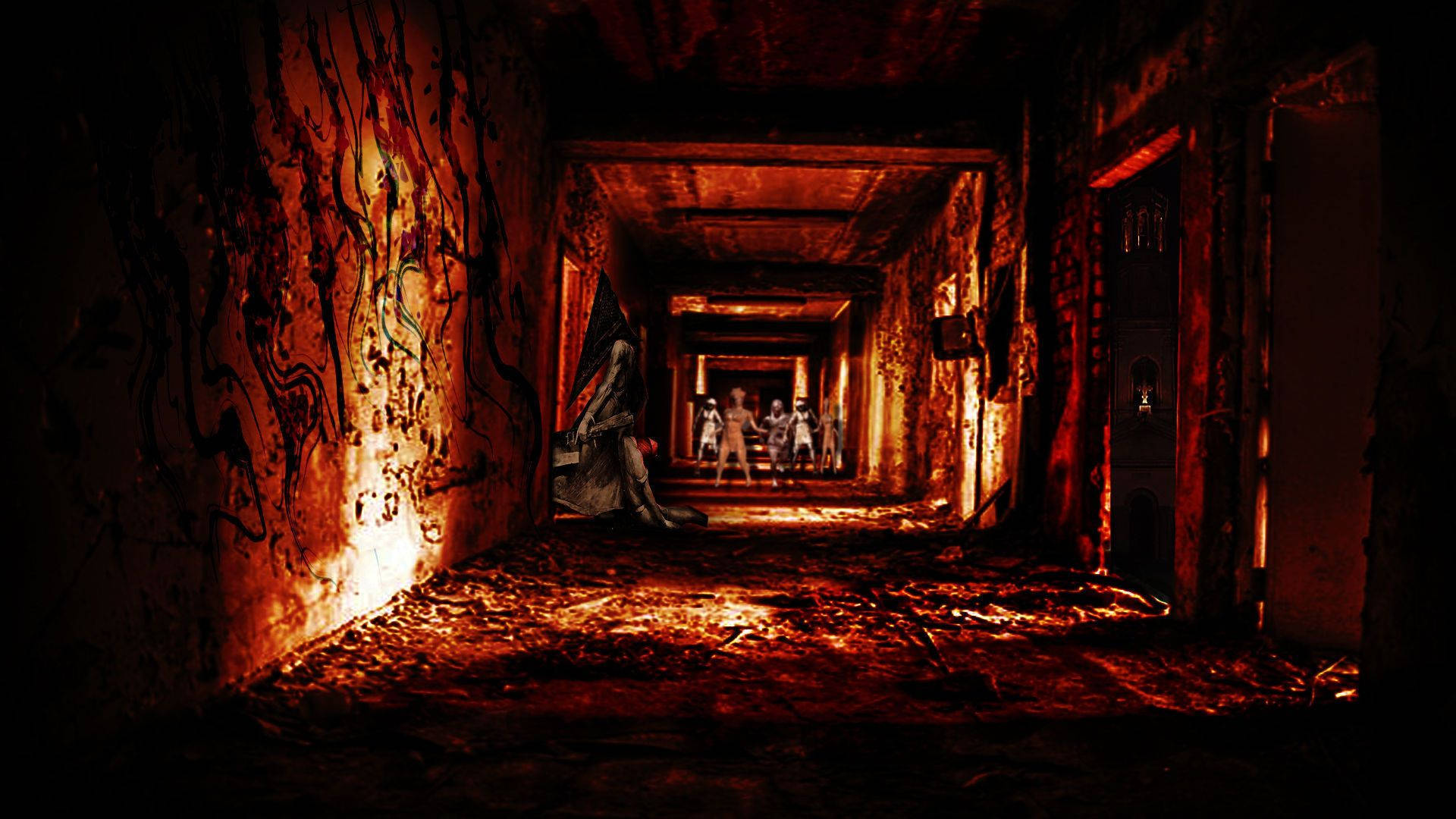 Silent Hill, decaying hallway, eerie red light, Full HD Desktop Wallpaper