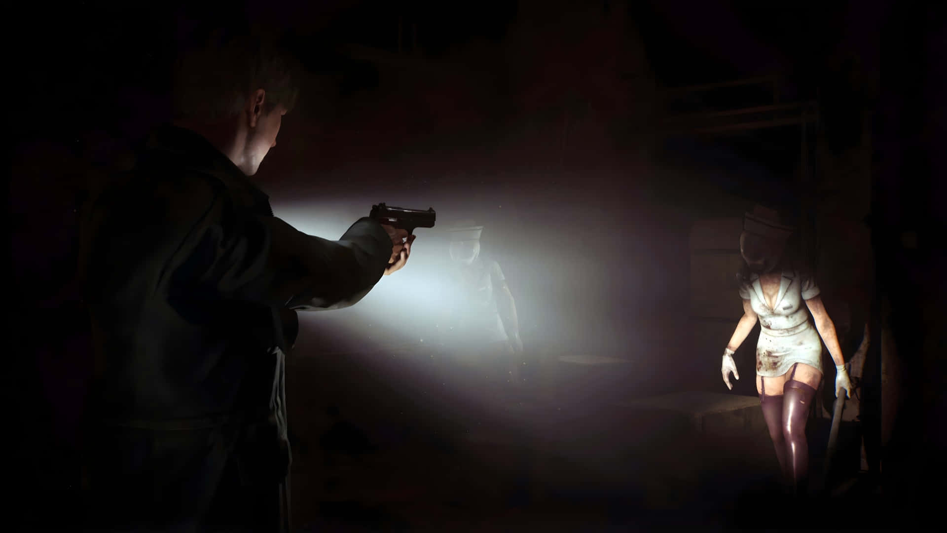 Silent Hill 2, man in silhouette, pistol with a flashlight, Full HD Desktop Wallpaper