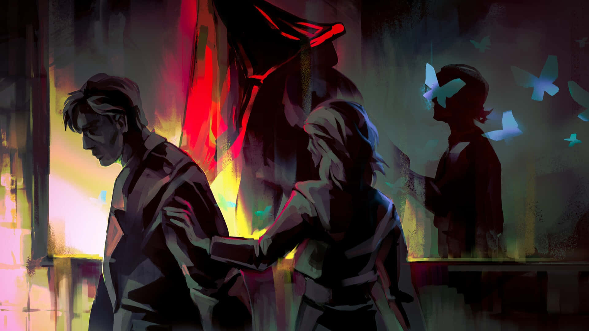 Silent Hill 2, neon-drenched alley, glowing butterflies, Full HD Desktop Wallpaper